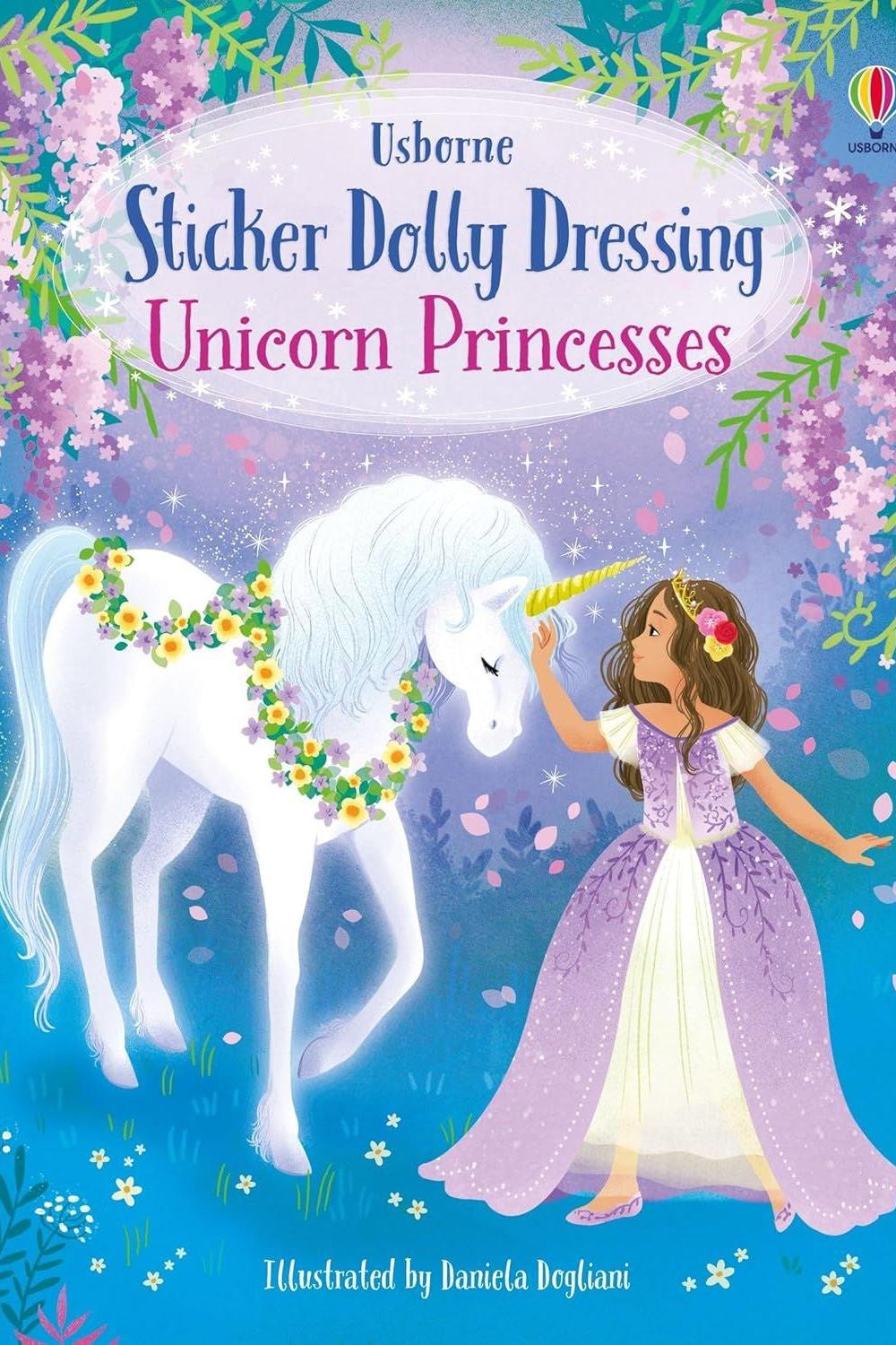 Book cover of 'Sticker Dolly Dressing Unicorn Princesses' with a girl and unicorn on a blue background.