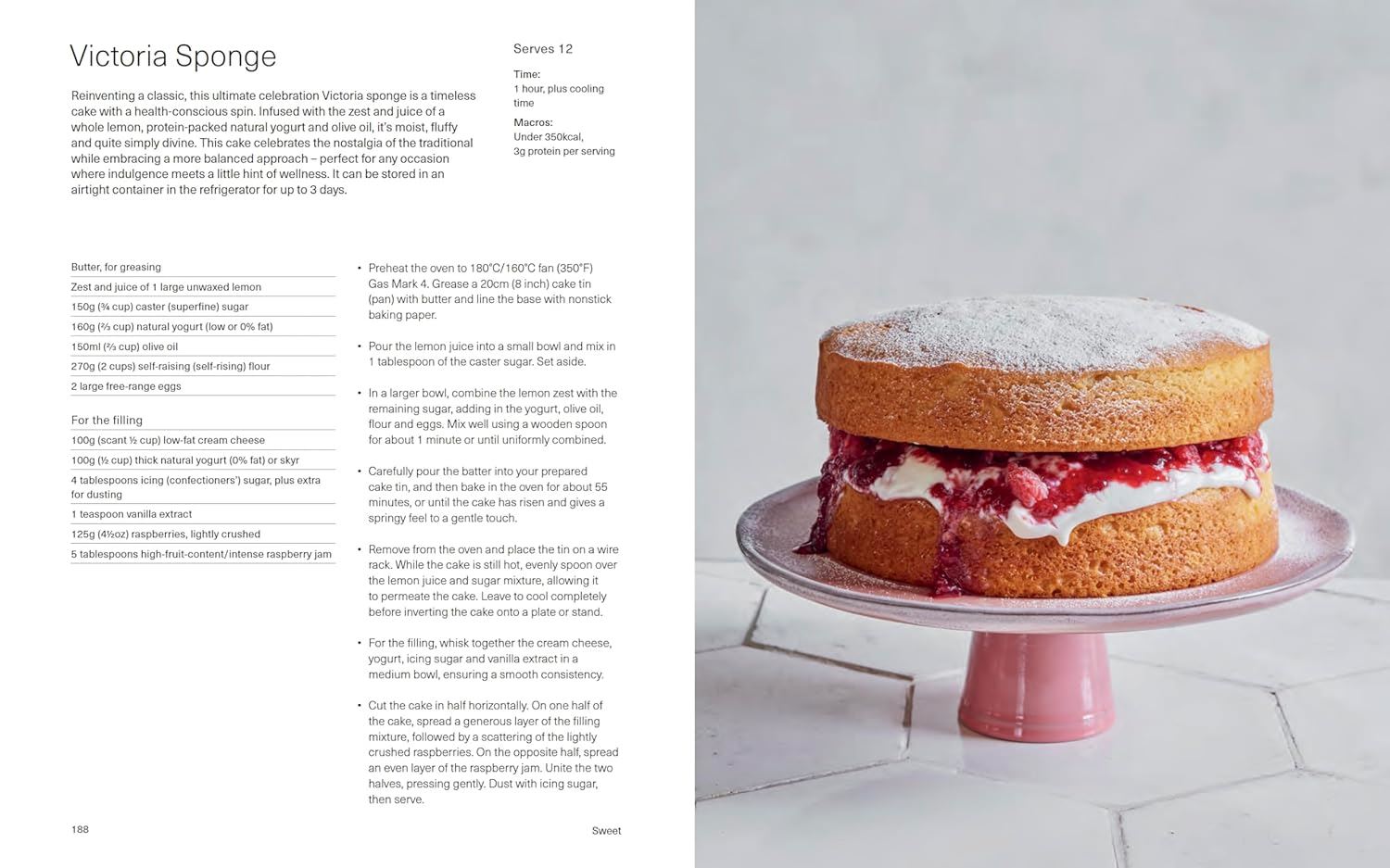 Victoria Sponge cake on a pink stand with a recipe on the left side.