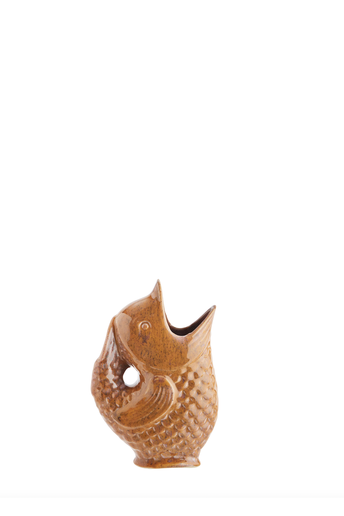 A vintage brown ceramic fish-shaped pitcher or vase with an open mouth on a white background.