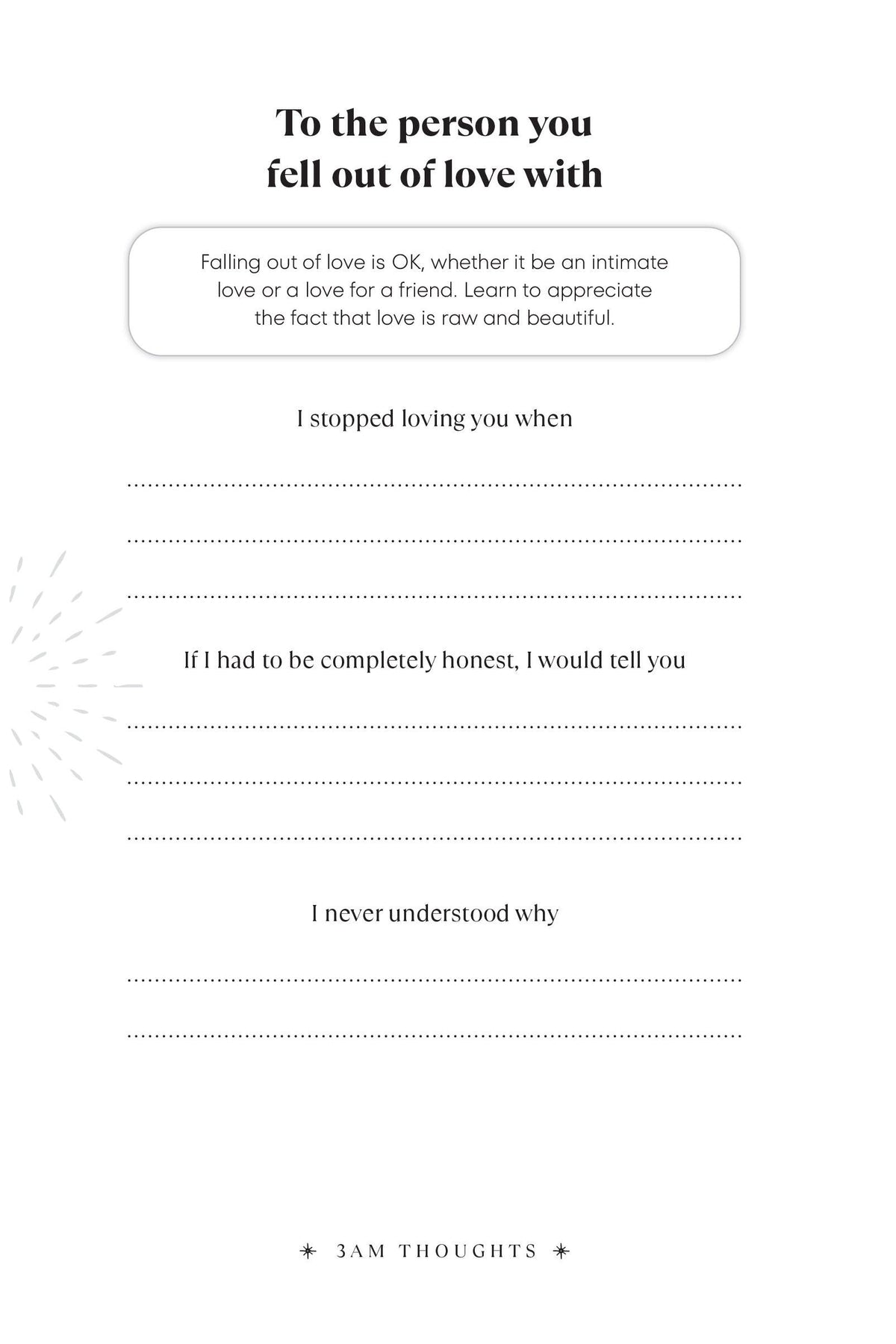 A guided wellness journal page with prompts about falling out of love and self-reflection.