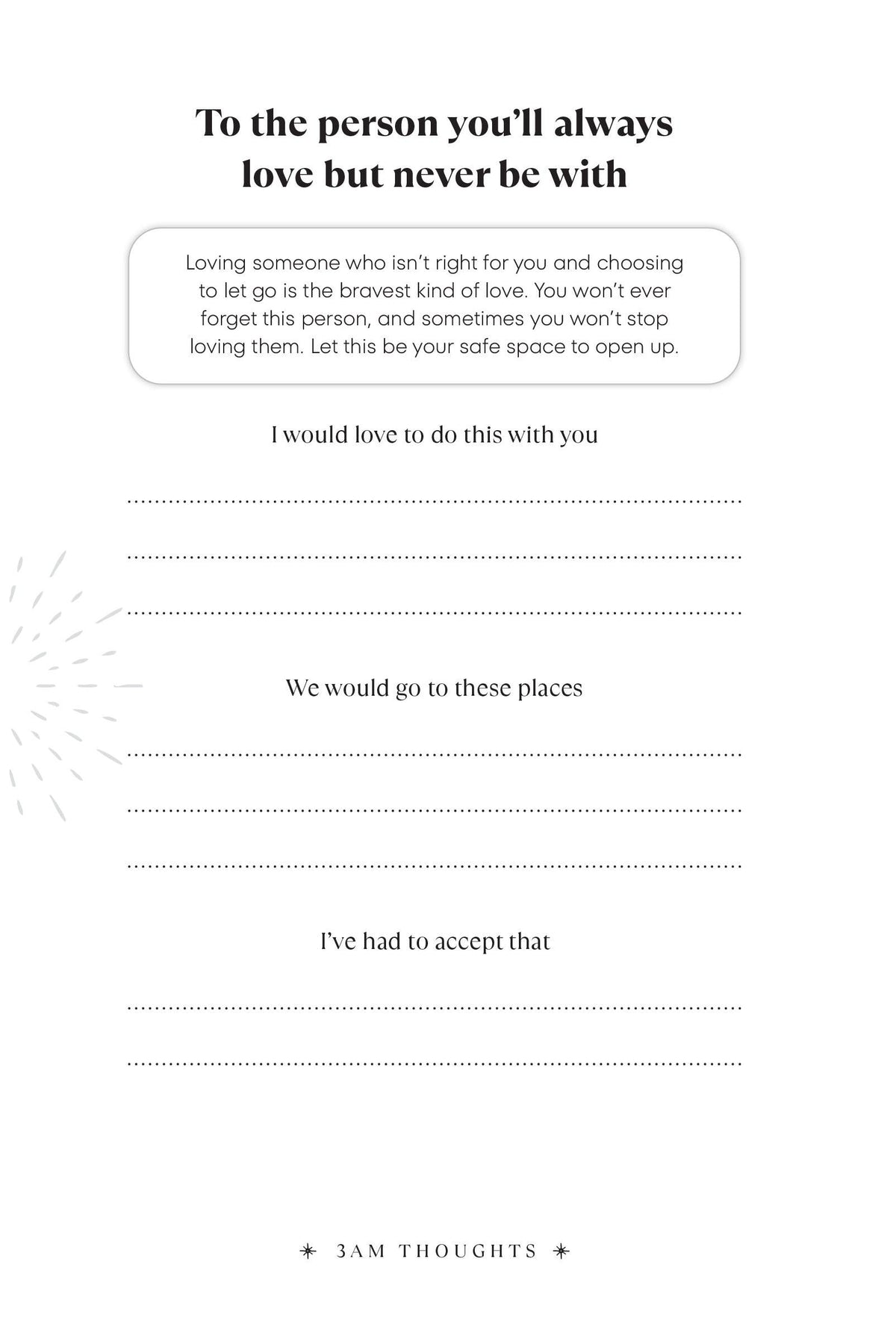 A page from a guided wellness journal featuring writing prompts about self-love and difficult relationships.