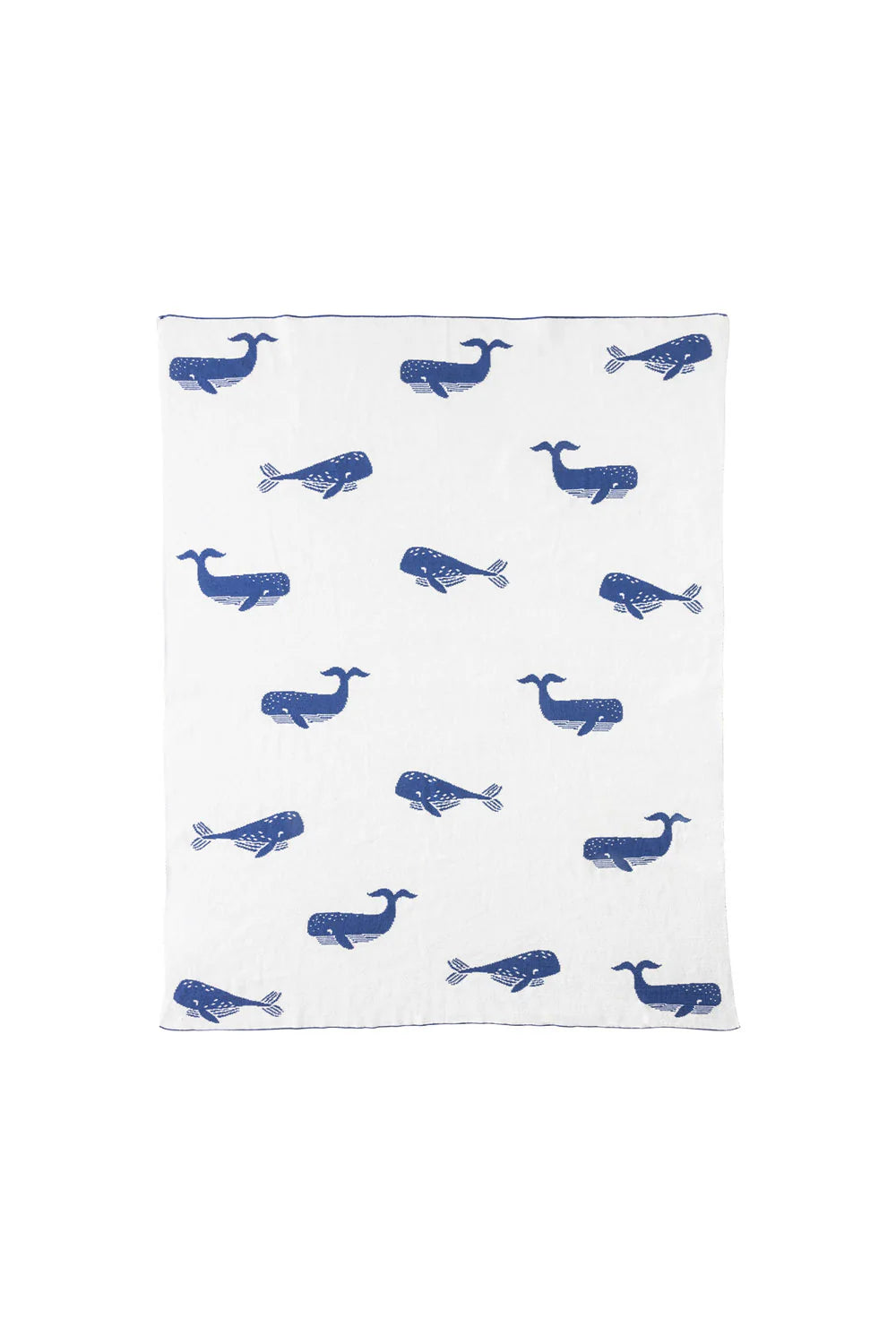 White organic cotton baby blanket featuring a repeating blue whale pattern against a plain background.
