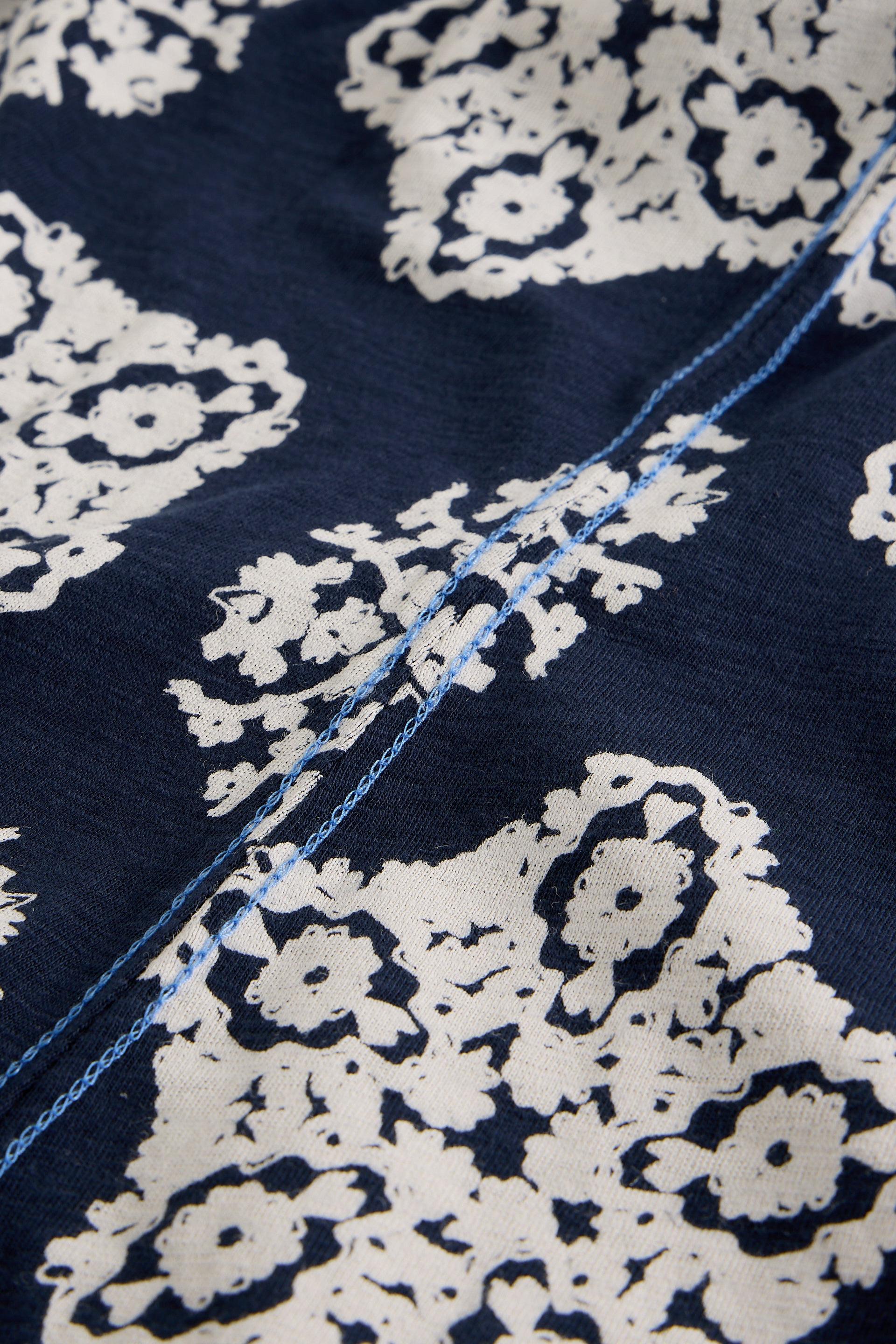 Close-up of navy blue organic cotton fabric with white print