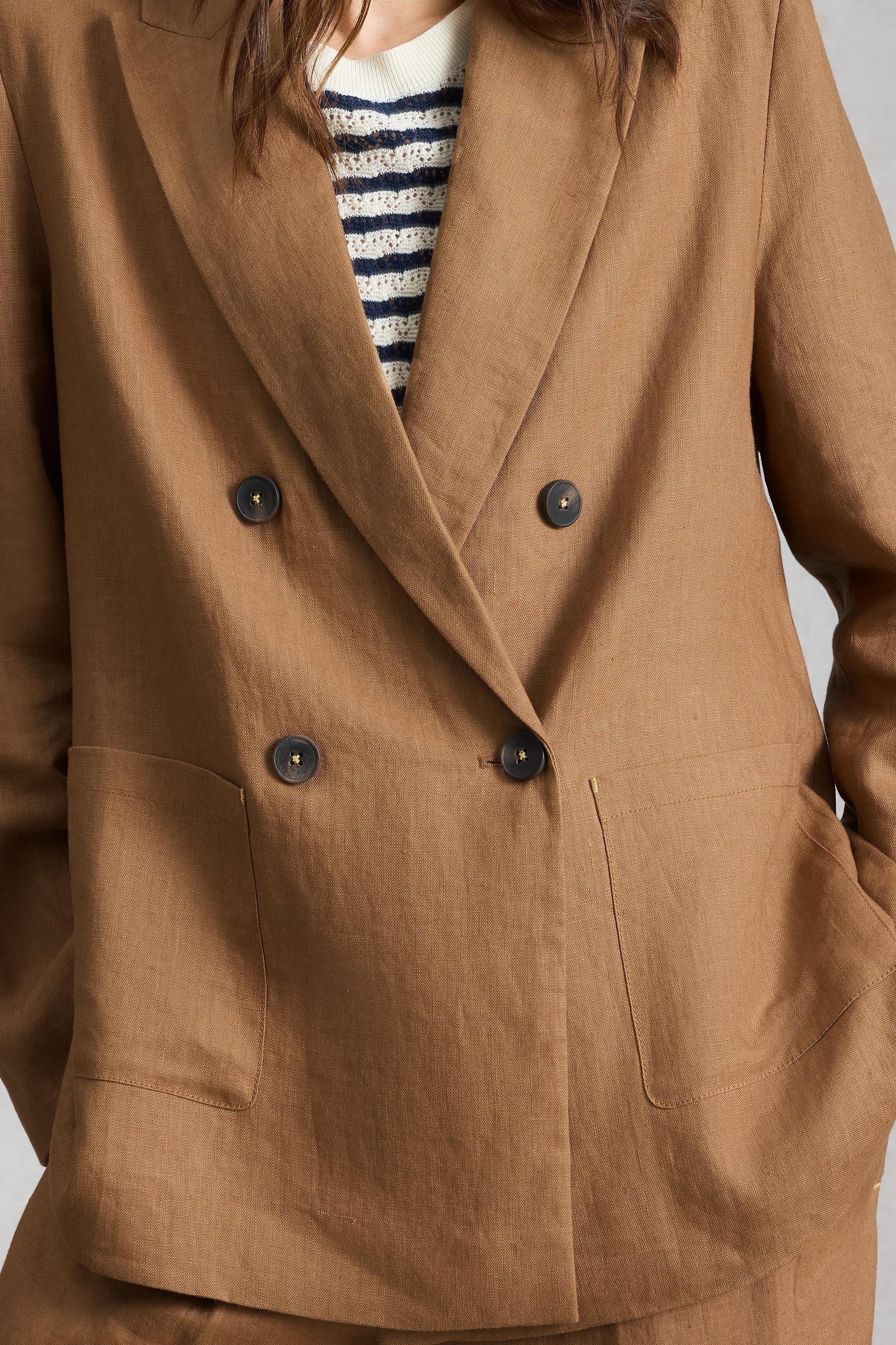 Brown blazer with black buttons worn by a person, with a white background