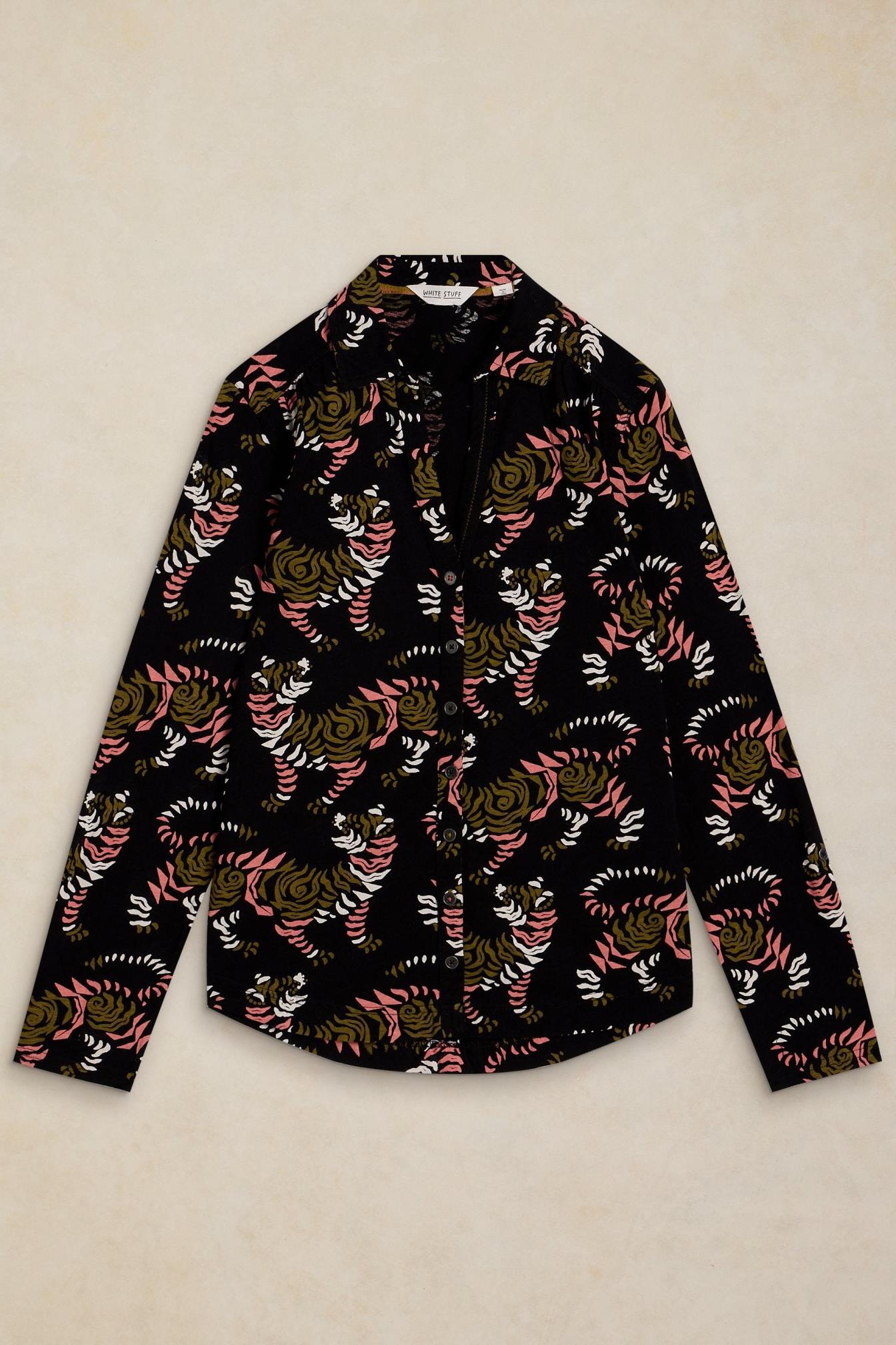 Women's black long-sleeve cotton jersey shirt by White Stuff featuring a tiger-inspired print.