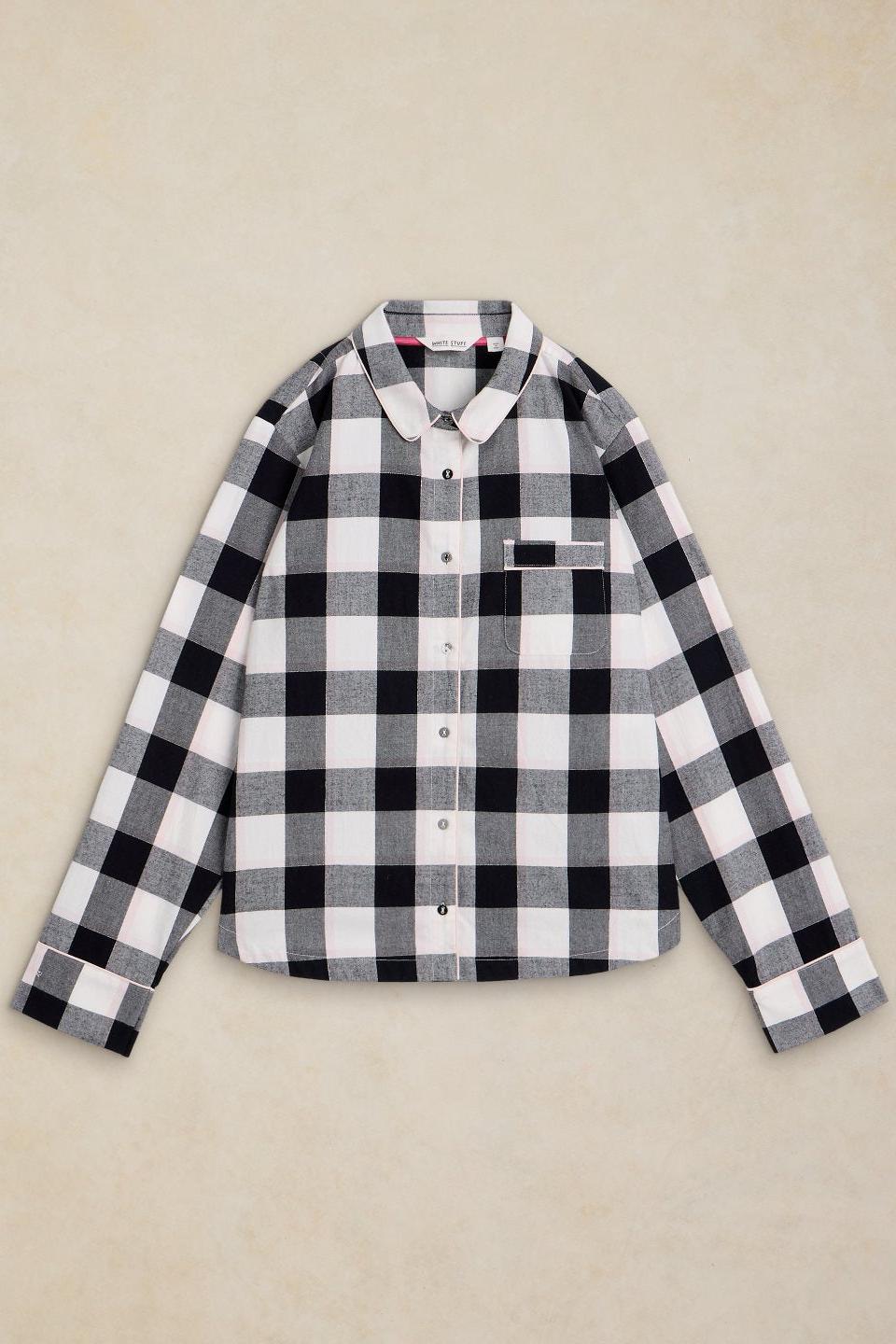White Stuff organic cotton pyjama top featuring a black and white check pattern with a collared button-down front.