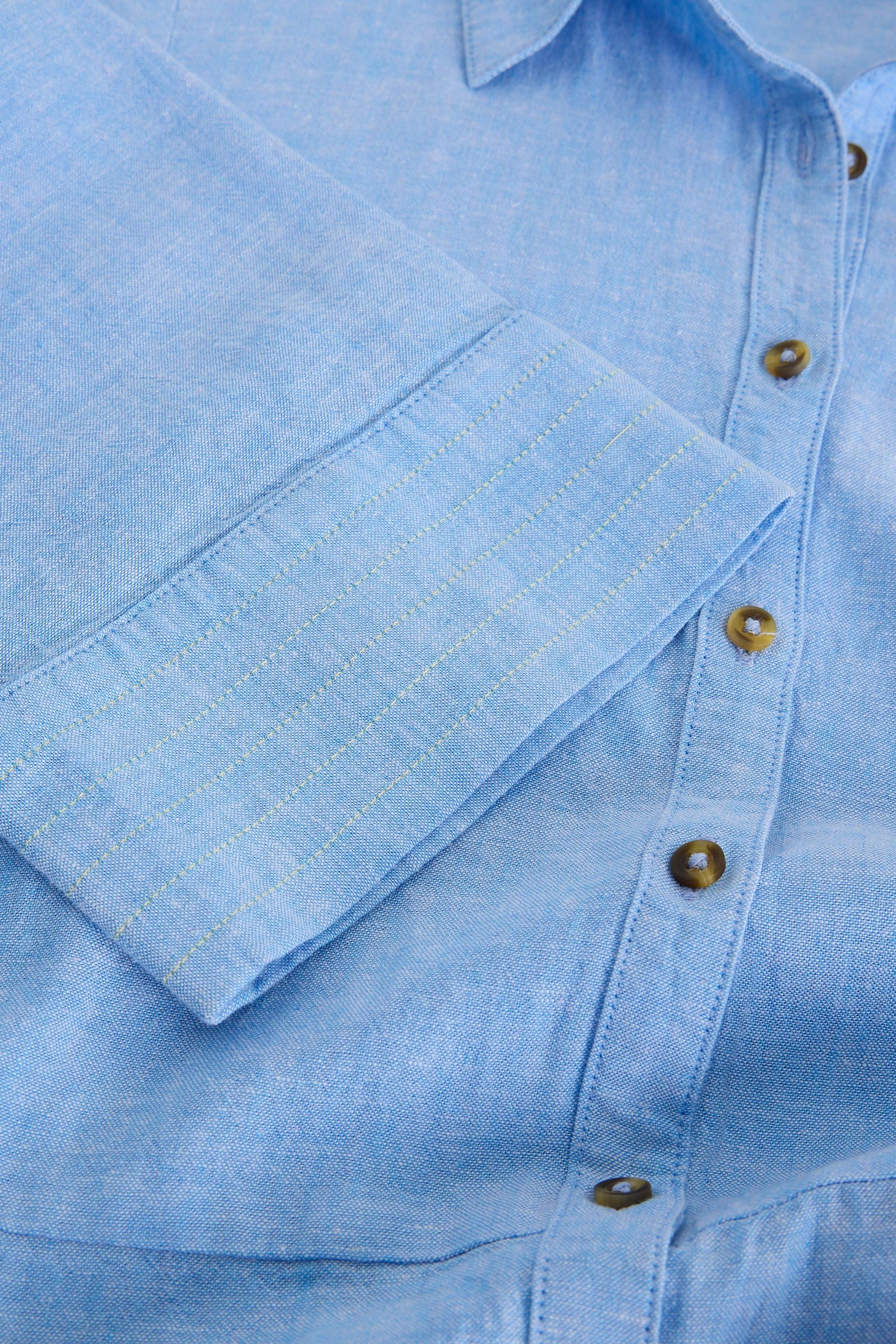 Close-up of a blue shirt dress with stiched sleeve and visible buttons.