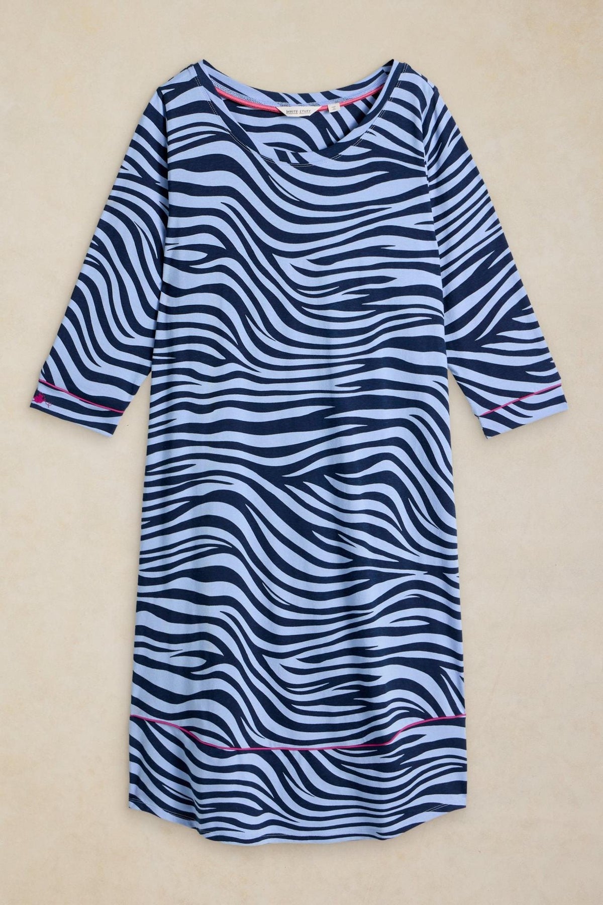 White Stuff blue zebra print organic cotton nightshirt featuring three-quarter sleeves and pink piping detail.