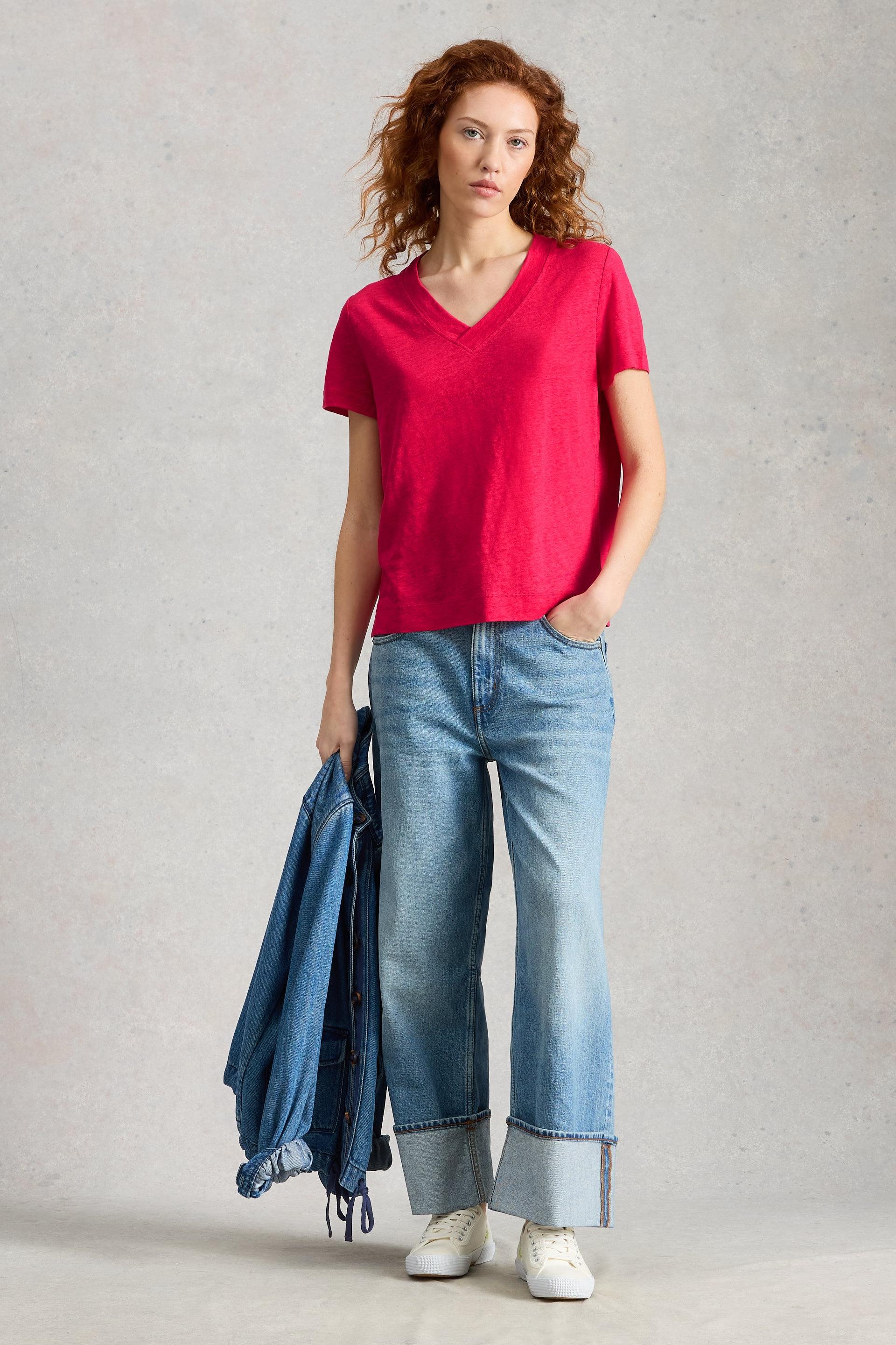 White Stuff Susie V Neck Dark Pink Linen Tee