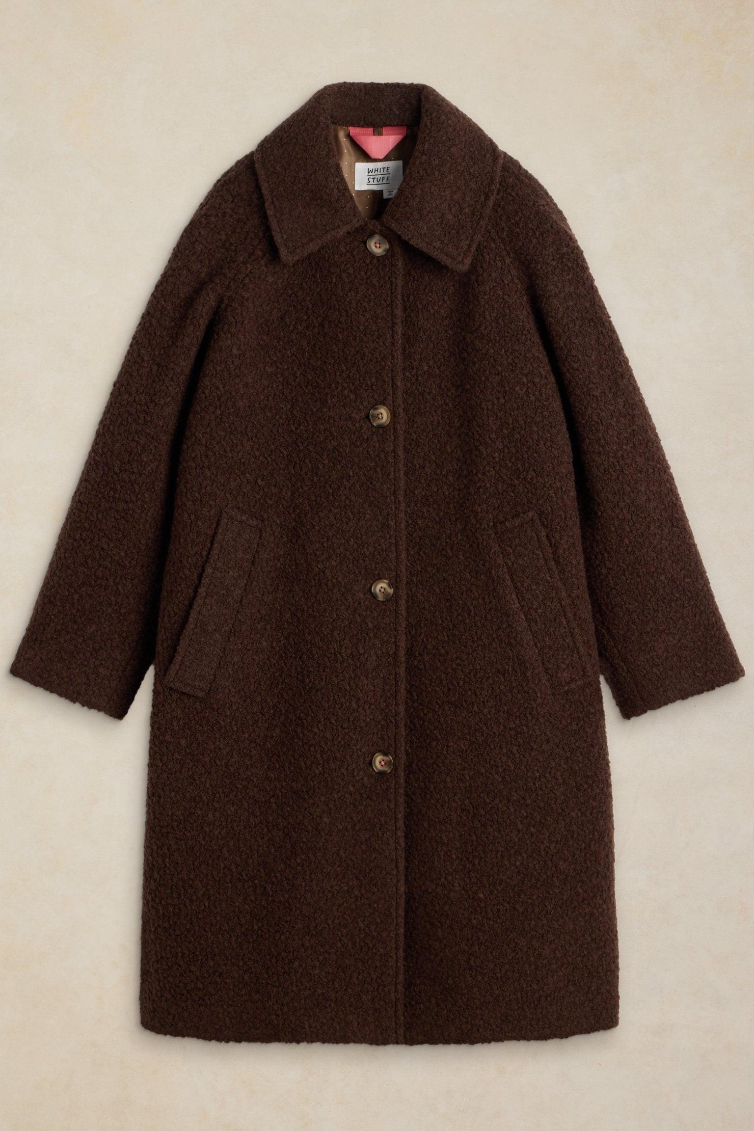 A brown textured women's wool winter coat by White Stuff displayed against a plain background.