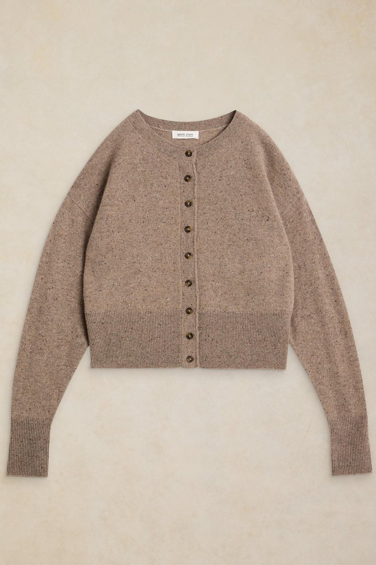 A brown women's cashmere knit cardigan by White Stuff against a neutral background.