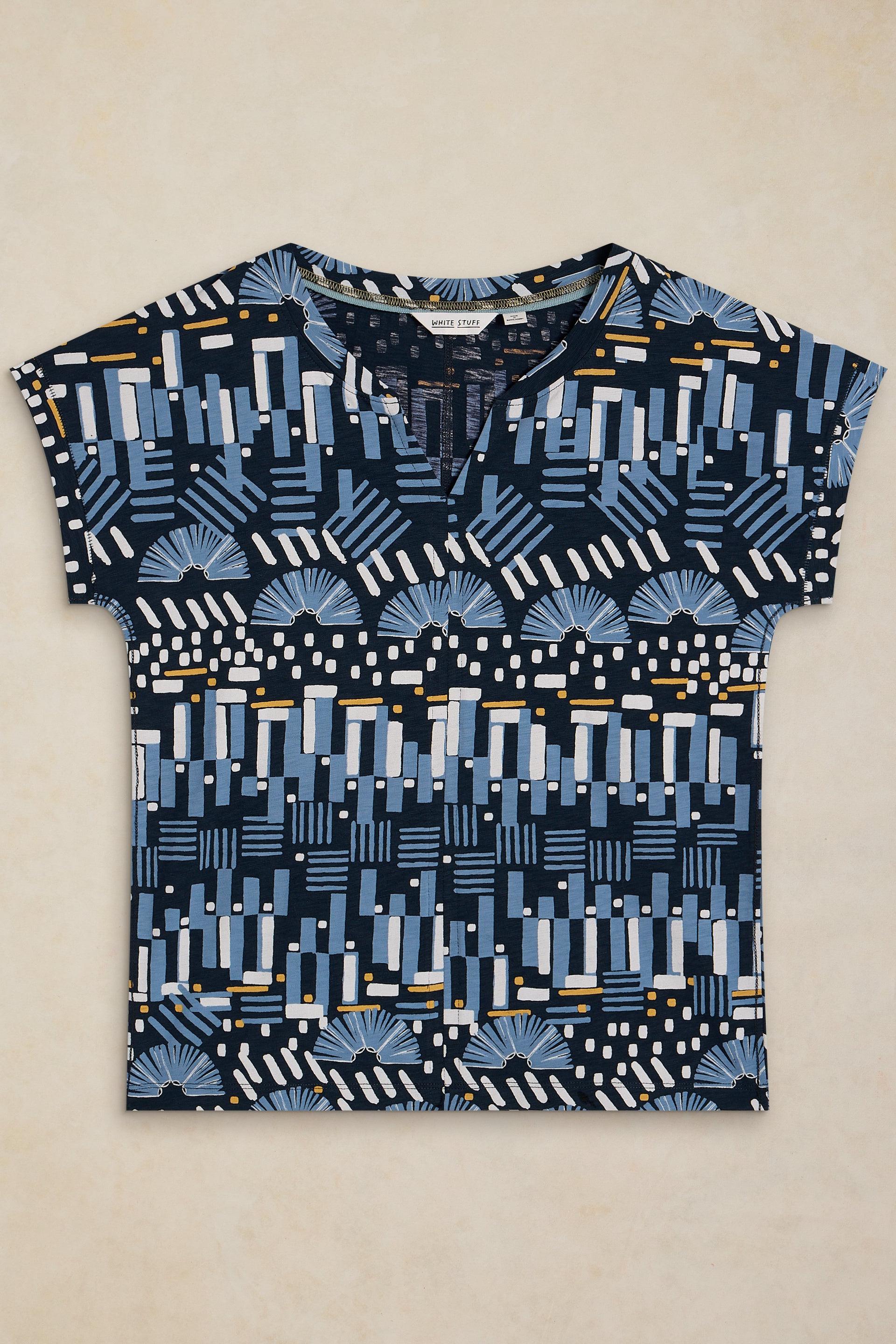 White Stuff geometric print cotton short-sleeve t-shirt on a neutral background