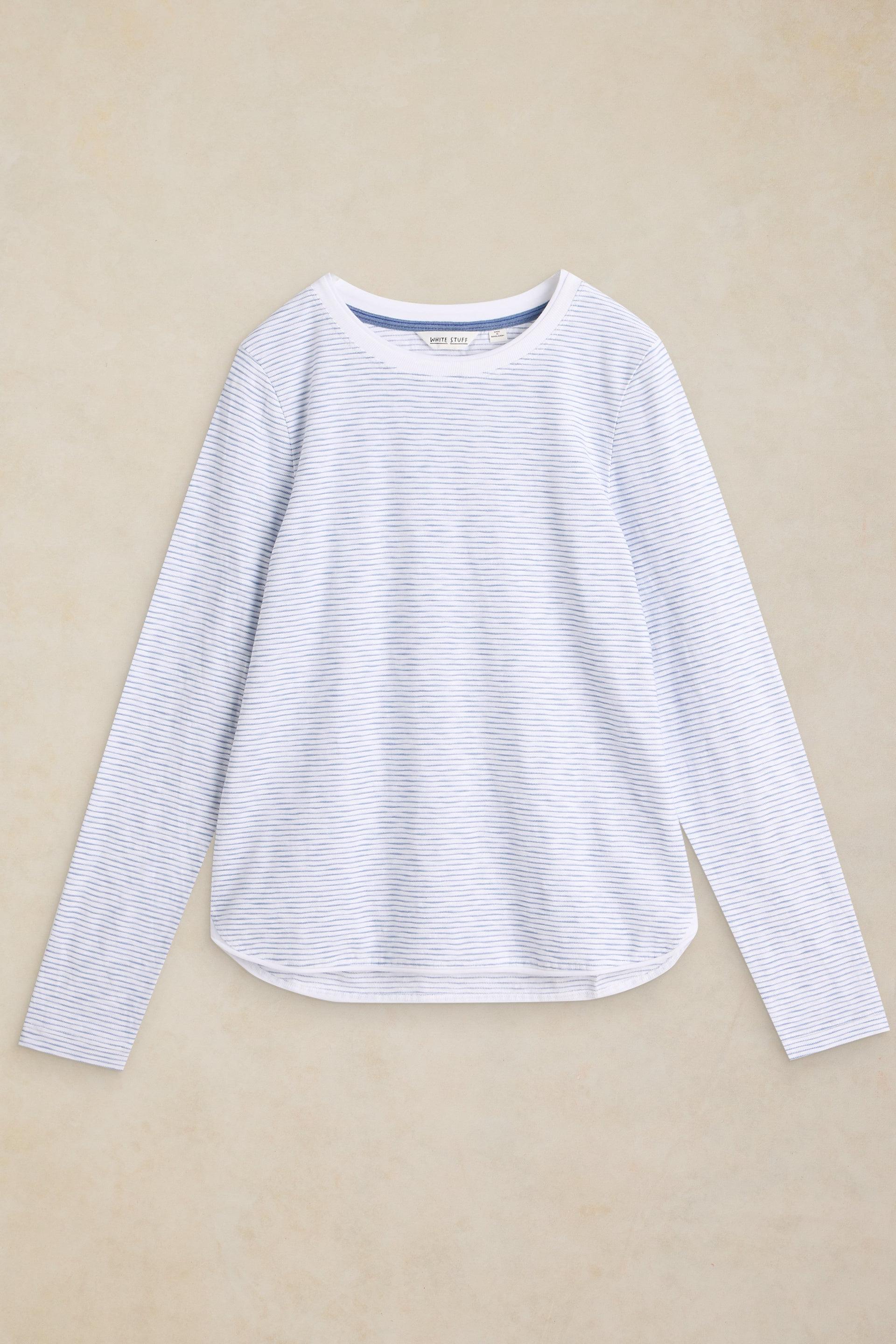 White Stuff cotton long sleeve shirt with blue thin stripes against a neutral background.