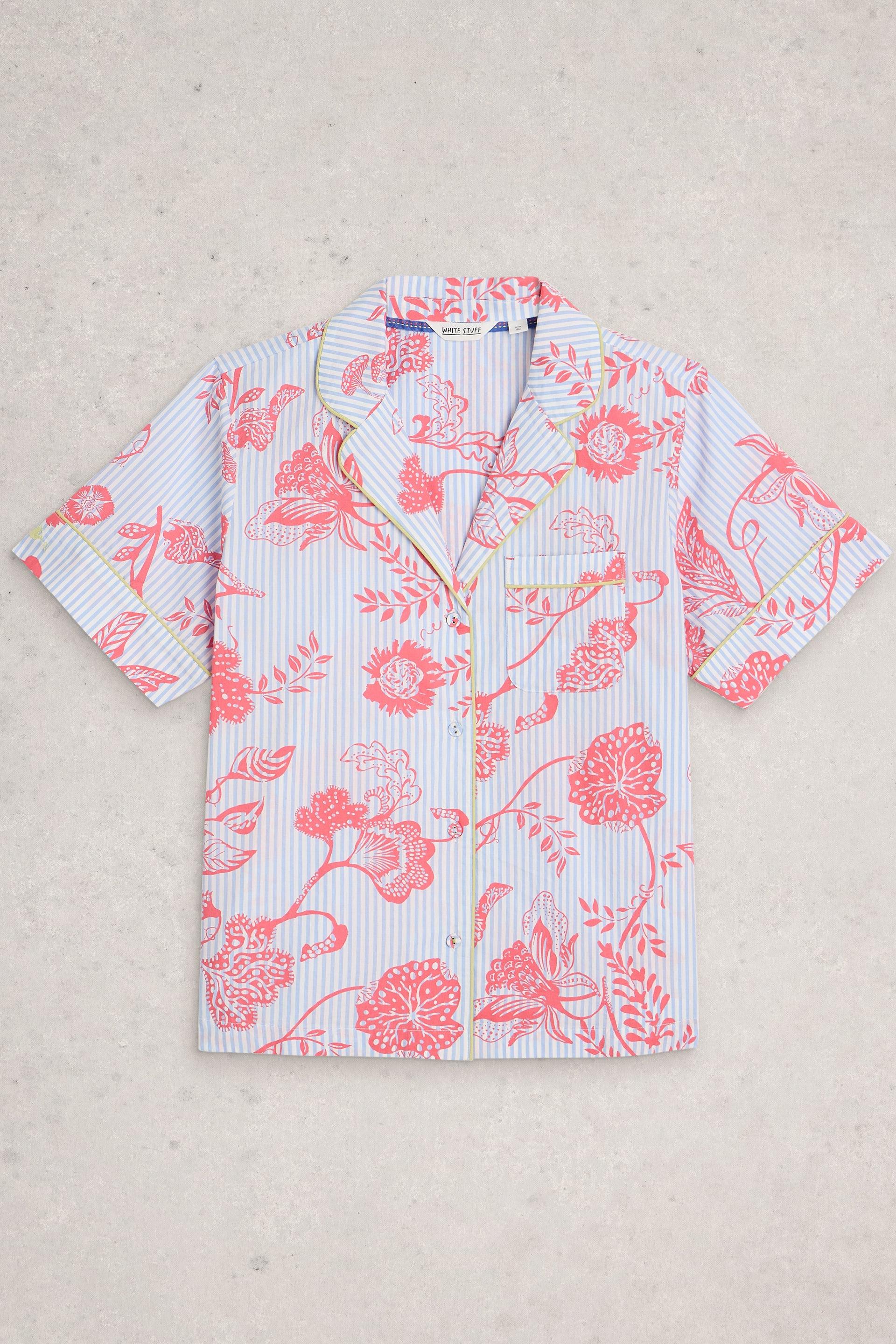 White Stuff short-sleeve pyjama top with pink floral pattern on a blue striped background.