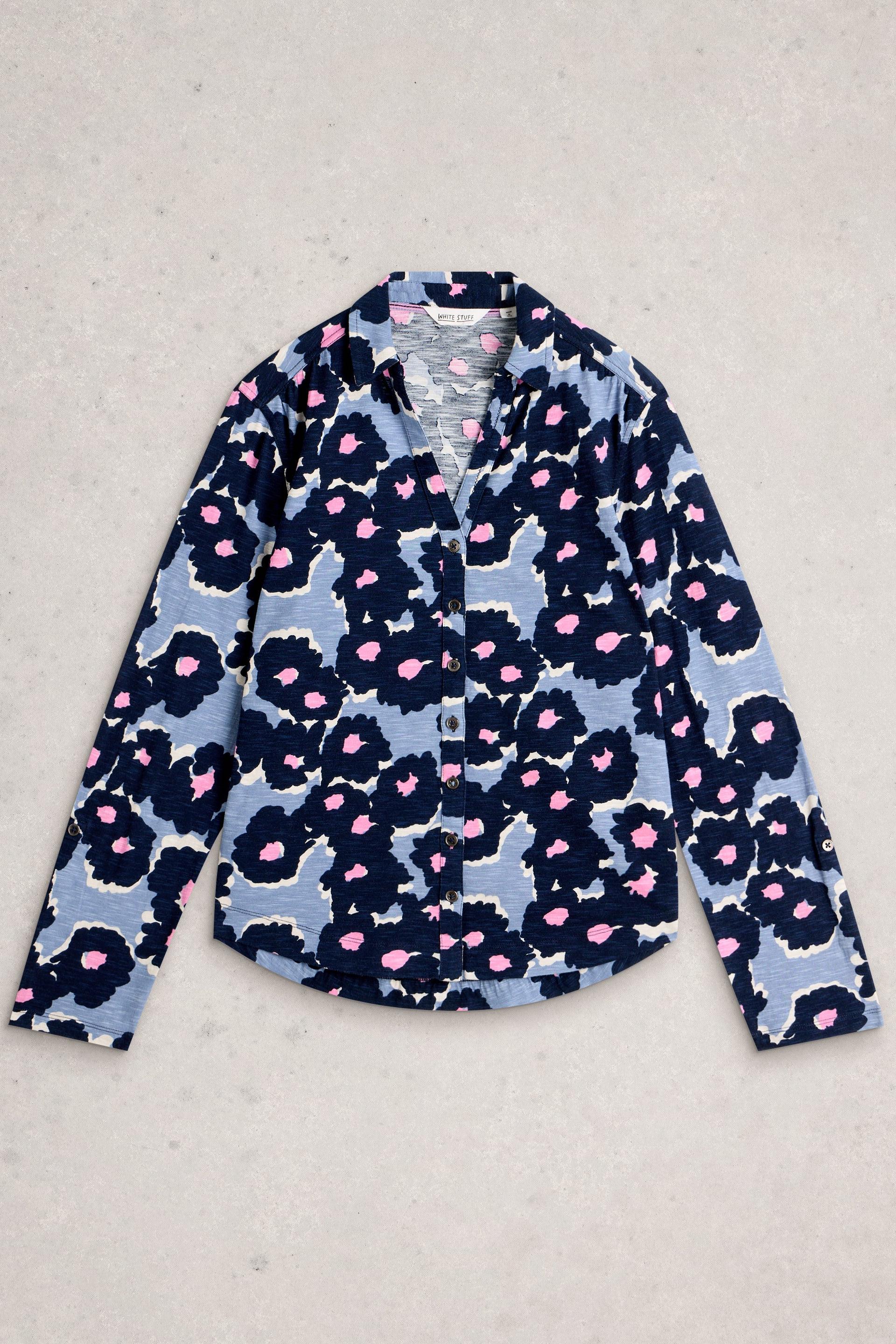 A long-sleeved button-up shirt by White Stuff with a dark blue and pink abstract floral pattern.
