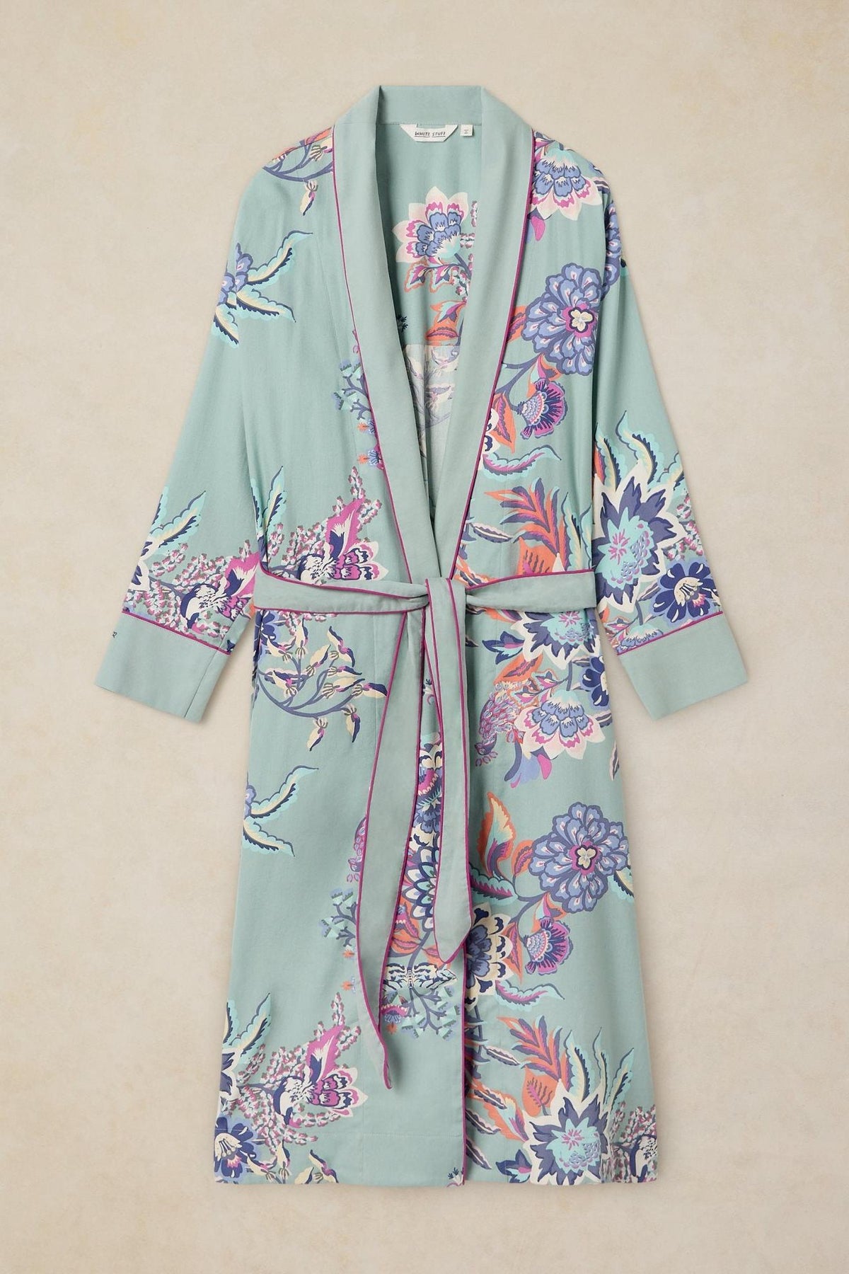 White Stuff women's dressing gown in blue pattern with floral print and tie waist