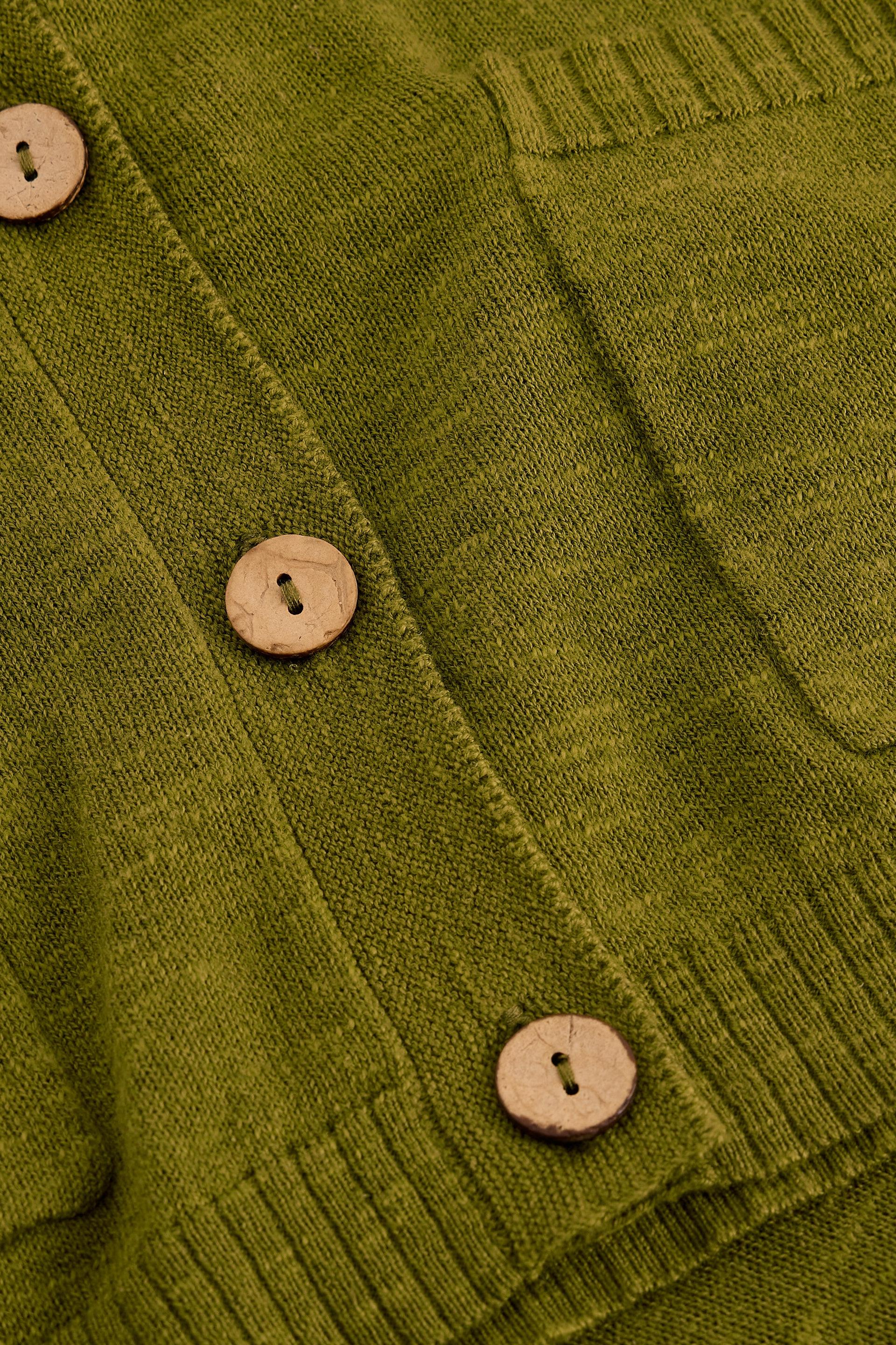 Close-up of a green knitted cardigan with wooden buttons