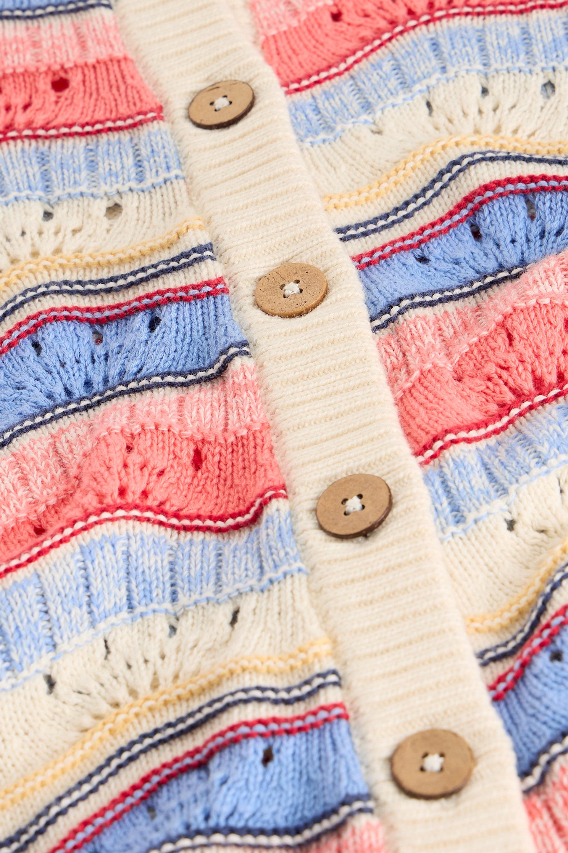 Close-up of a striped organic cotton sweater with wooden buttons