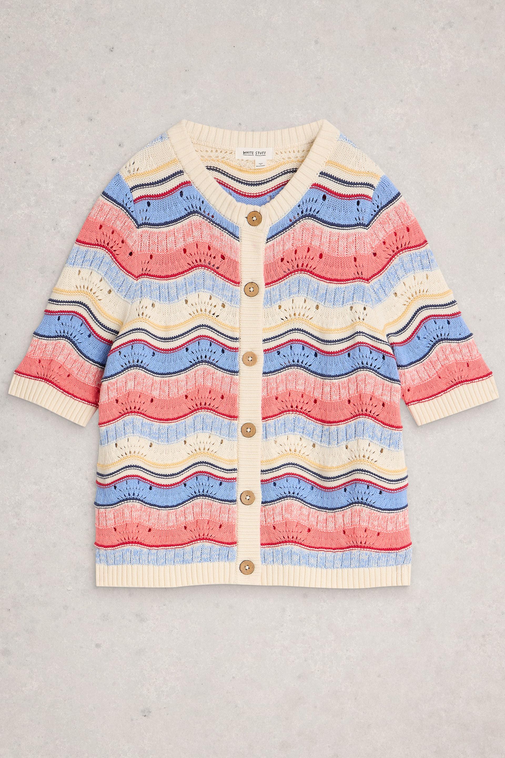 Colorful striped White Stuff cardigan on a gray background