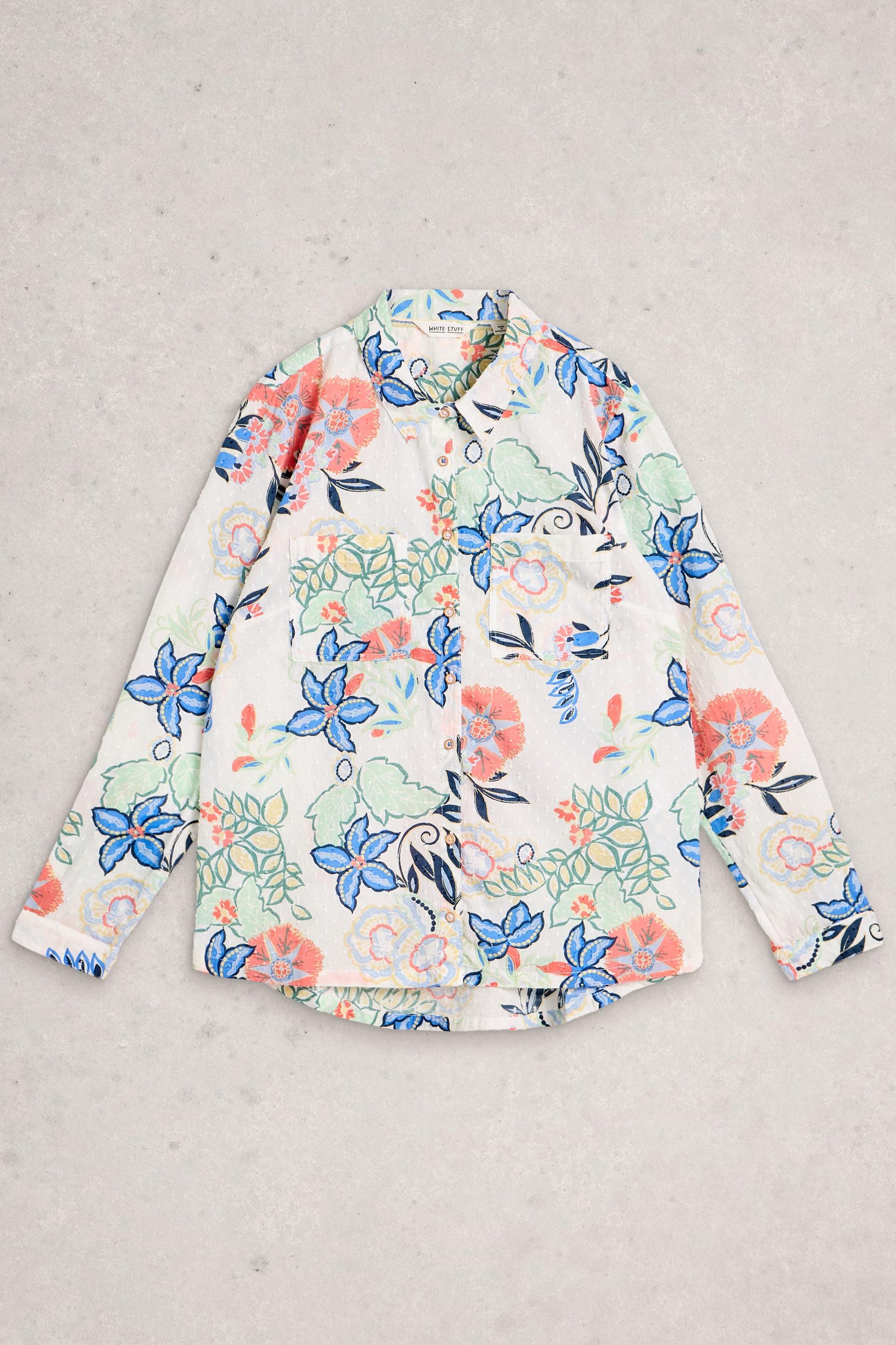 Floral patterned shirt on a light gray background