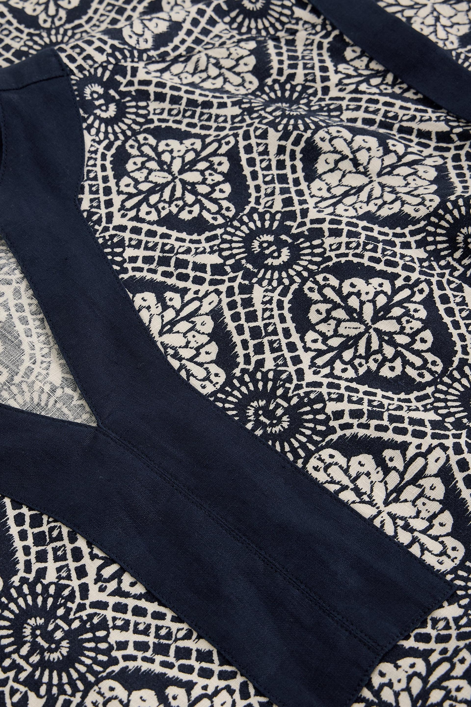 Close-up of a navy blue fabric with intricate white pattern