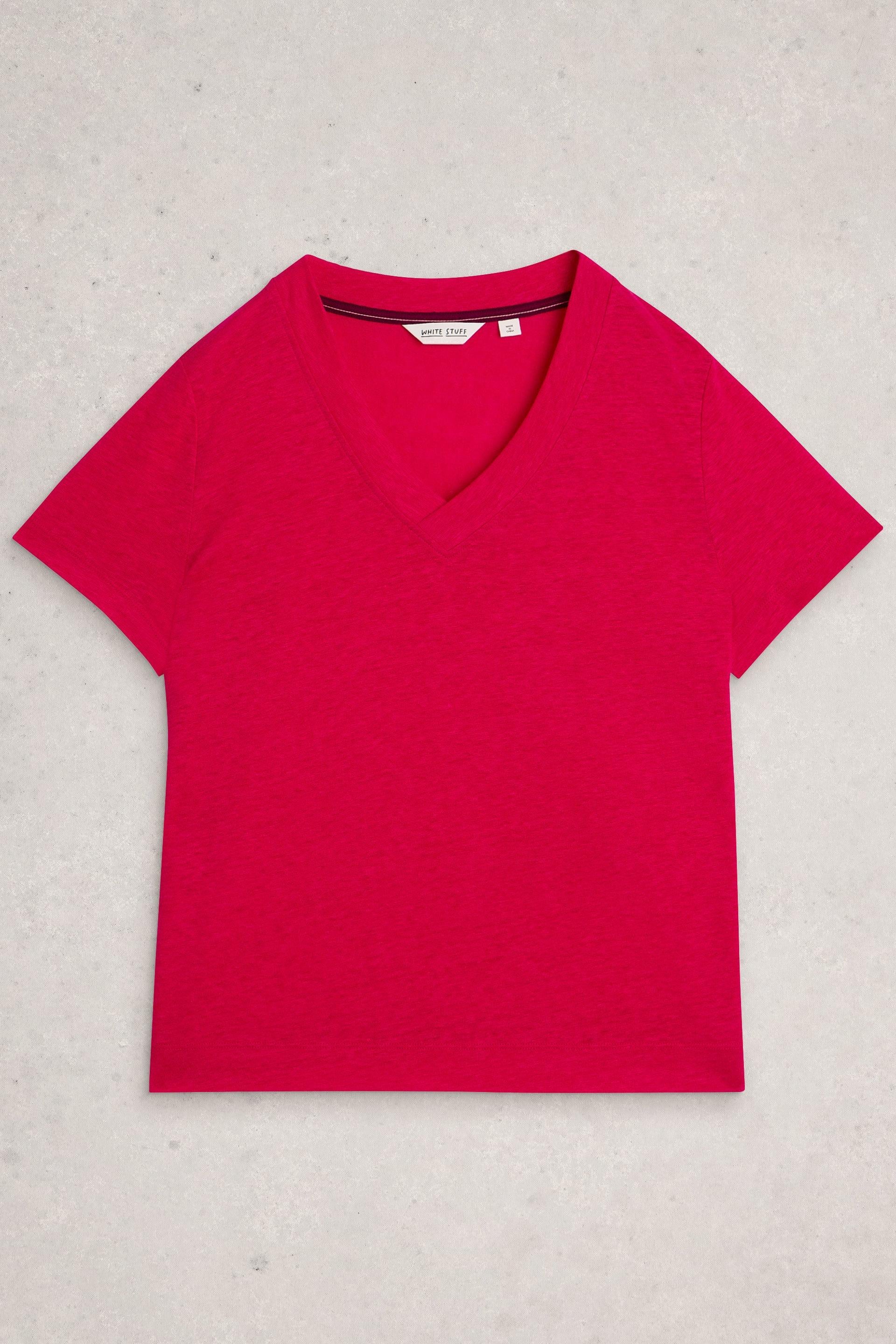 White Stuff Susie V Neck Dark Pink Linen Tee