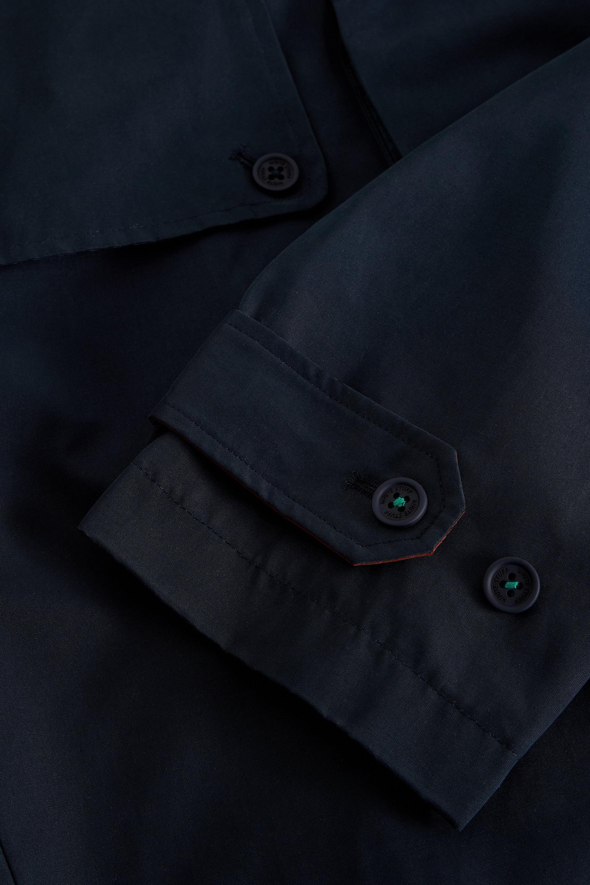Close-up of a dark navy blue shirt sleeve with a buttoned cuff and decorative buttons, showing fabric texture and stitching.