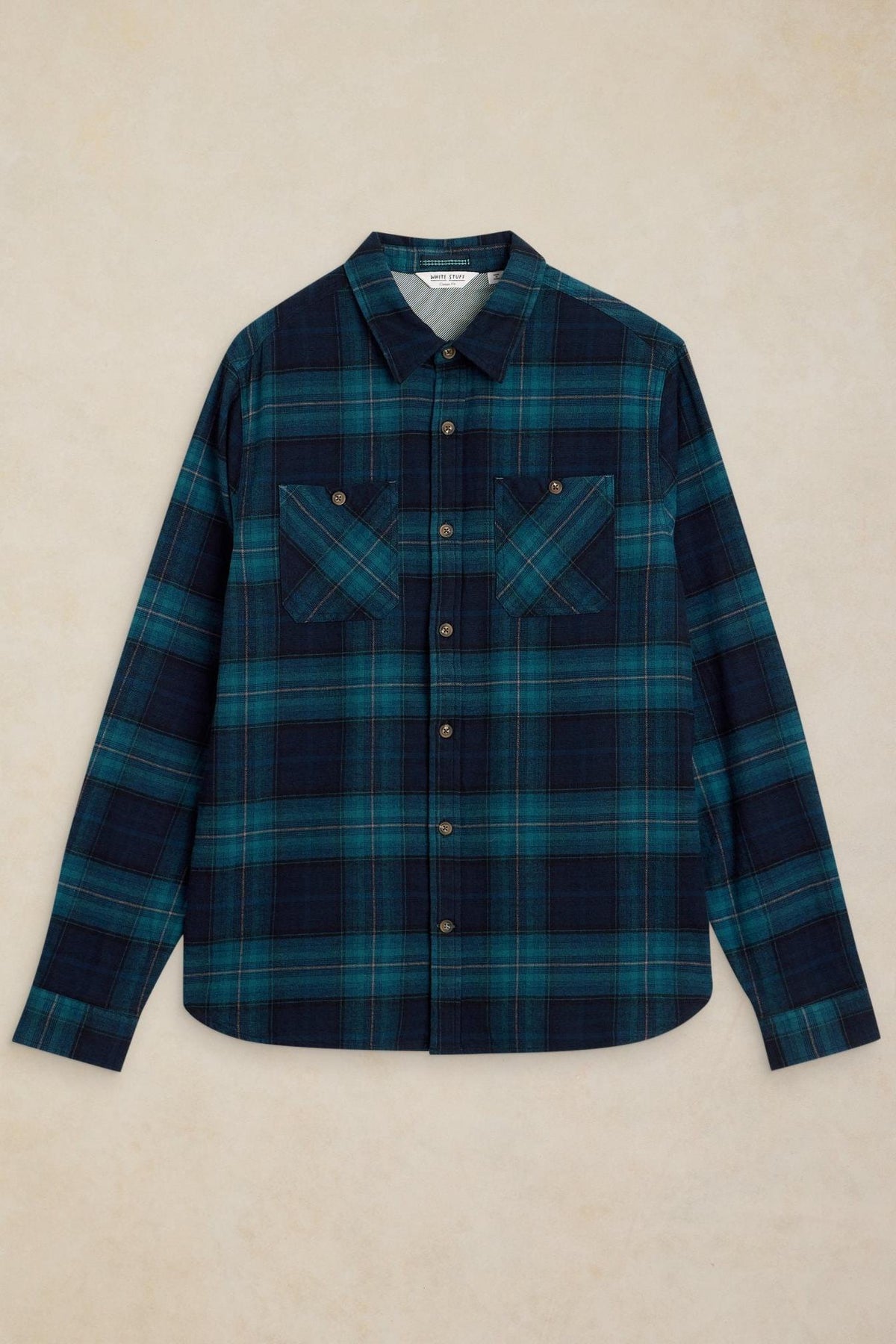 White Stuff men's long sleeve teal and blue plaid organic cotton shirt on a neutral background.
