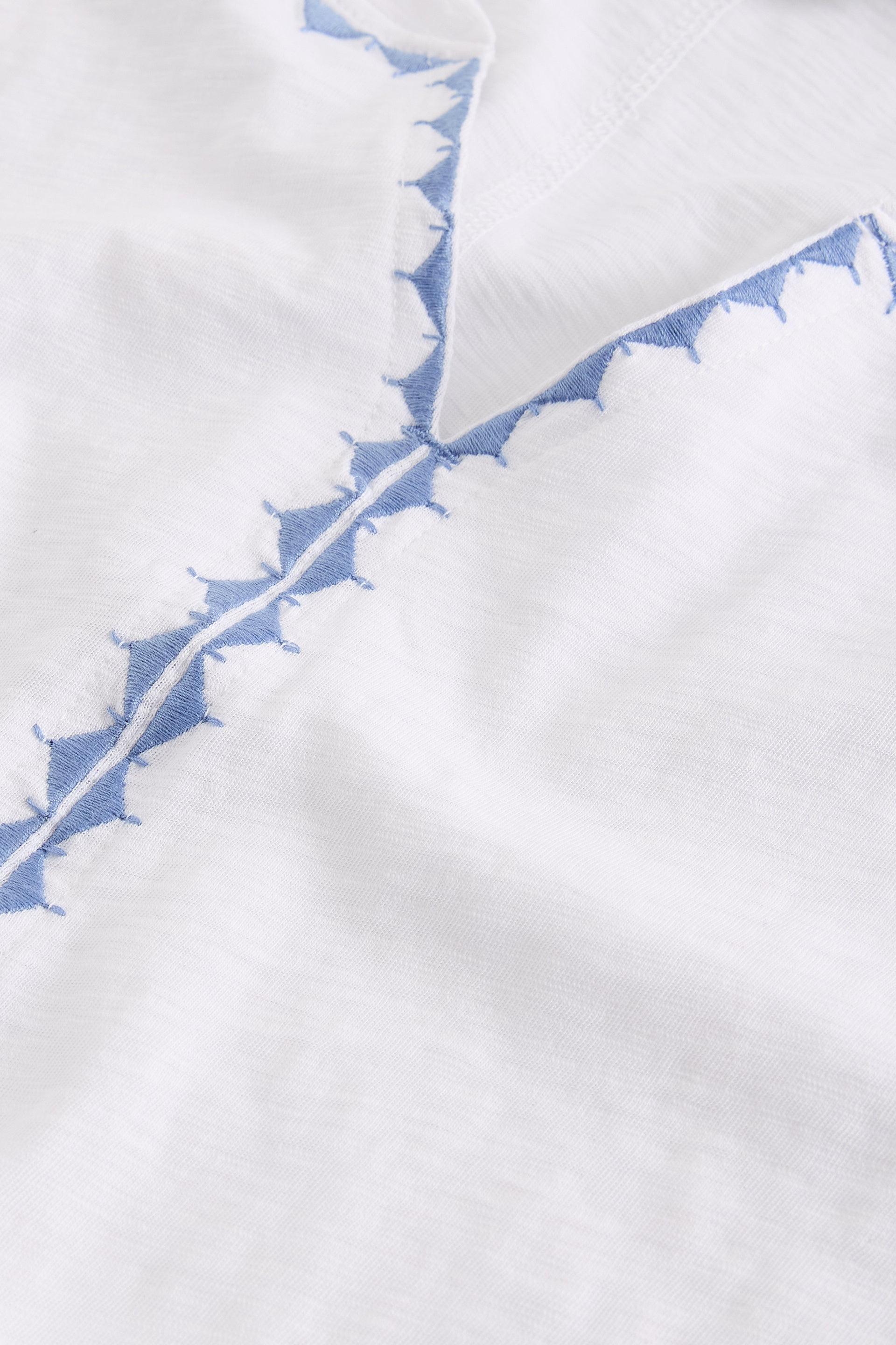 Close-up of white fabric with blue leaf pattern