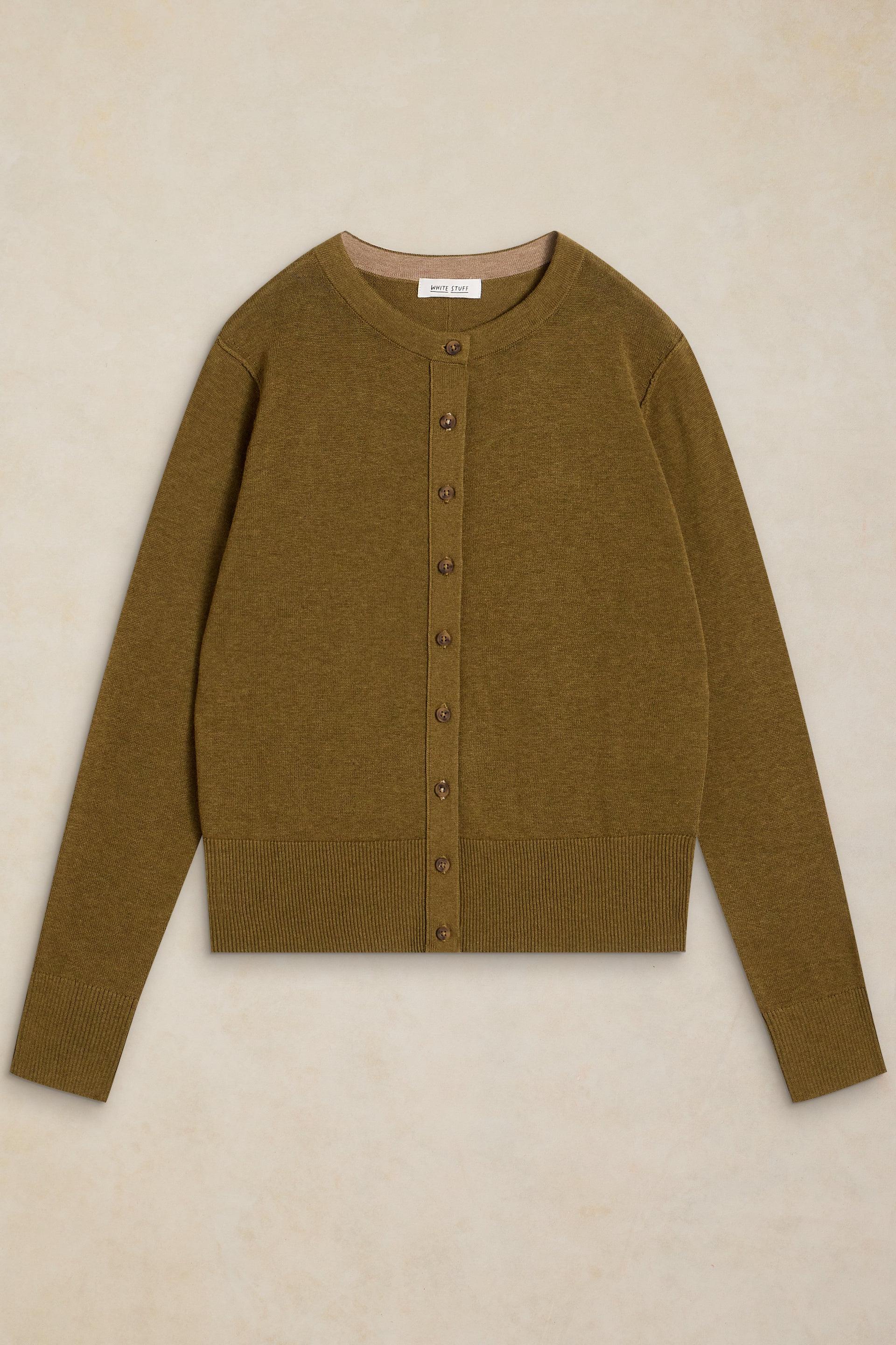 A long-sleeved olive green White Stuff cardigan made from organic cotton, displayed flat on a neutral background