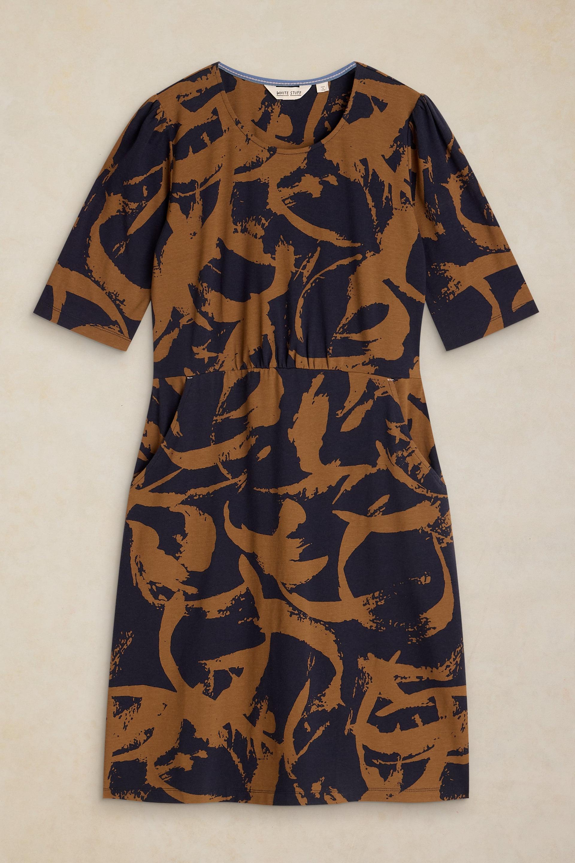 White Stuff organic cotton dress with a brown and black abstract brushstroke print and short sleeves.