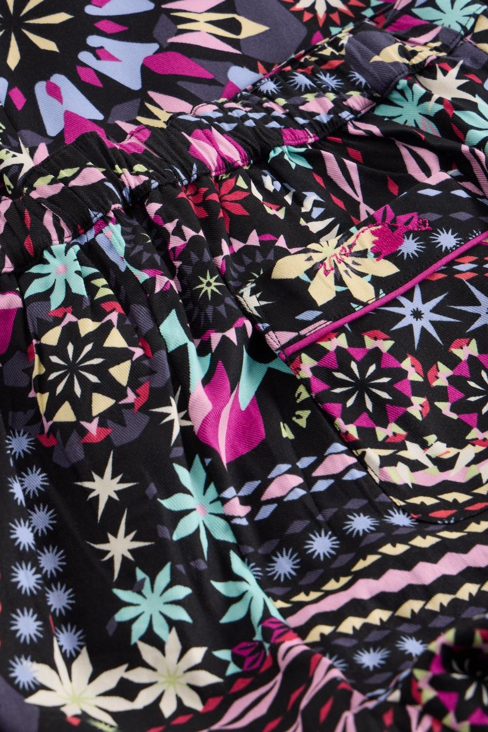 Close-up of White Stuff organic cotton pyjama bottoms featuring a vibrant geometric black print.