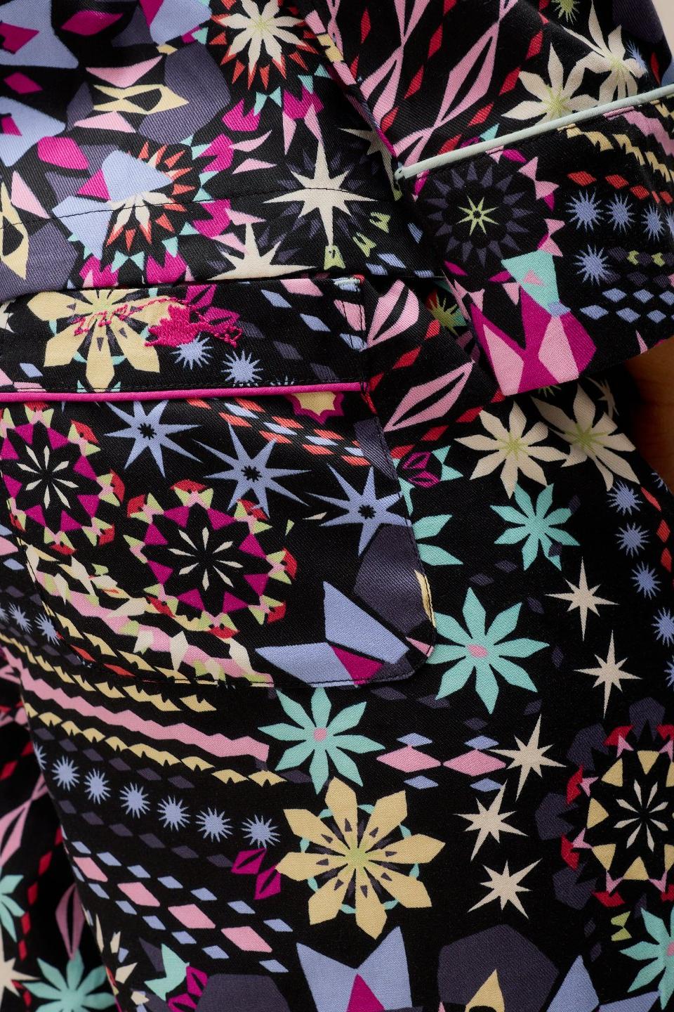 Close-up of White Stuff pyjama bottoms featuring a colourful floral black print pattern.