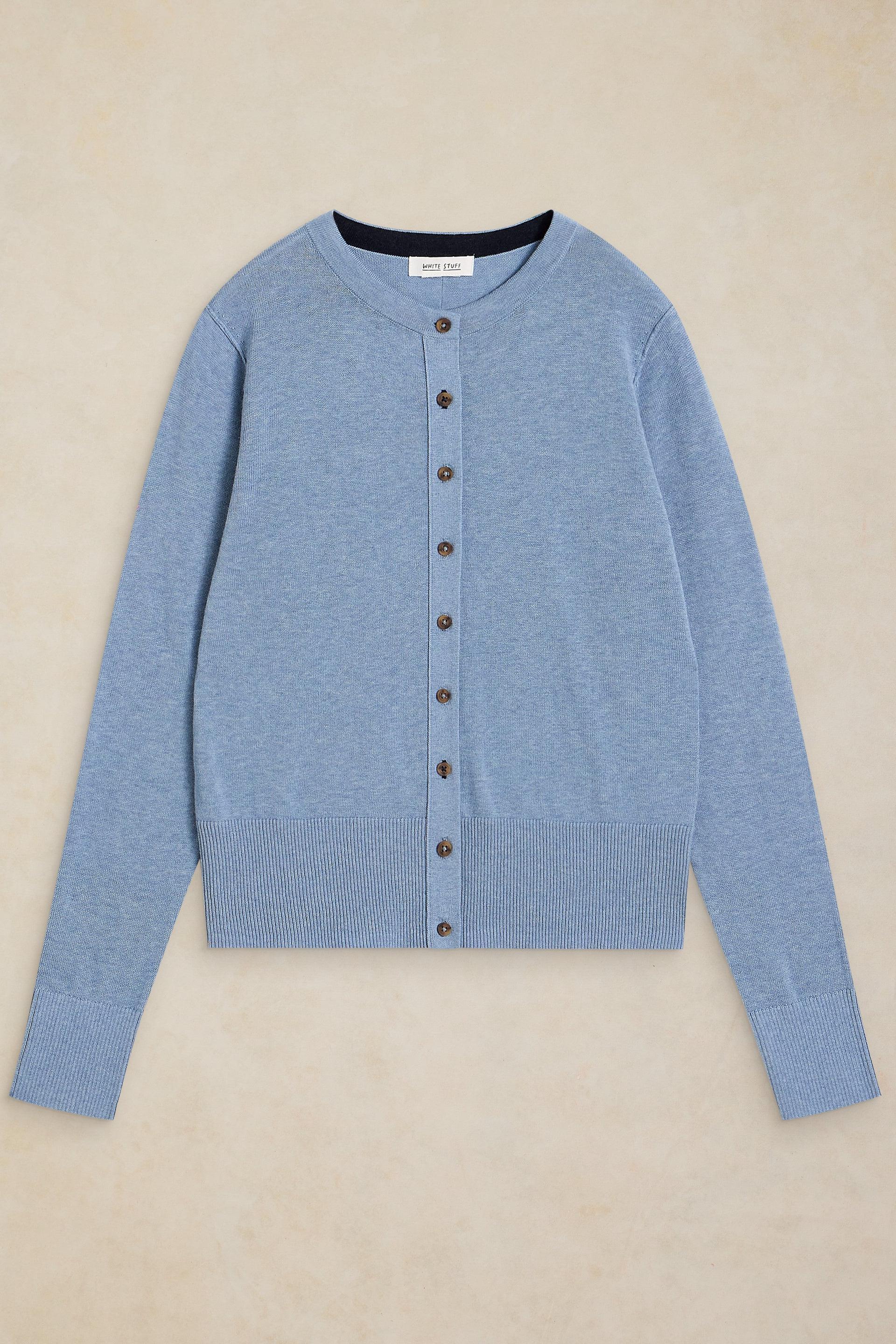 White Stuff blue crew neck cardigan made from organic cotton, shown flat against a neutral background