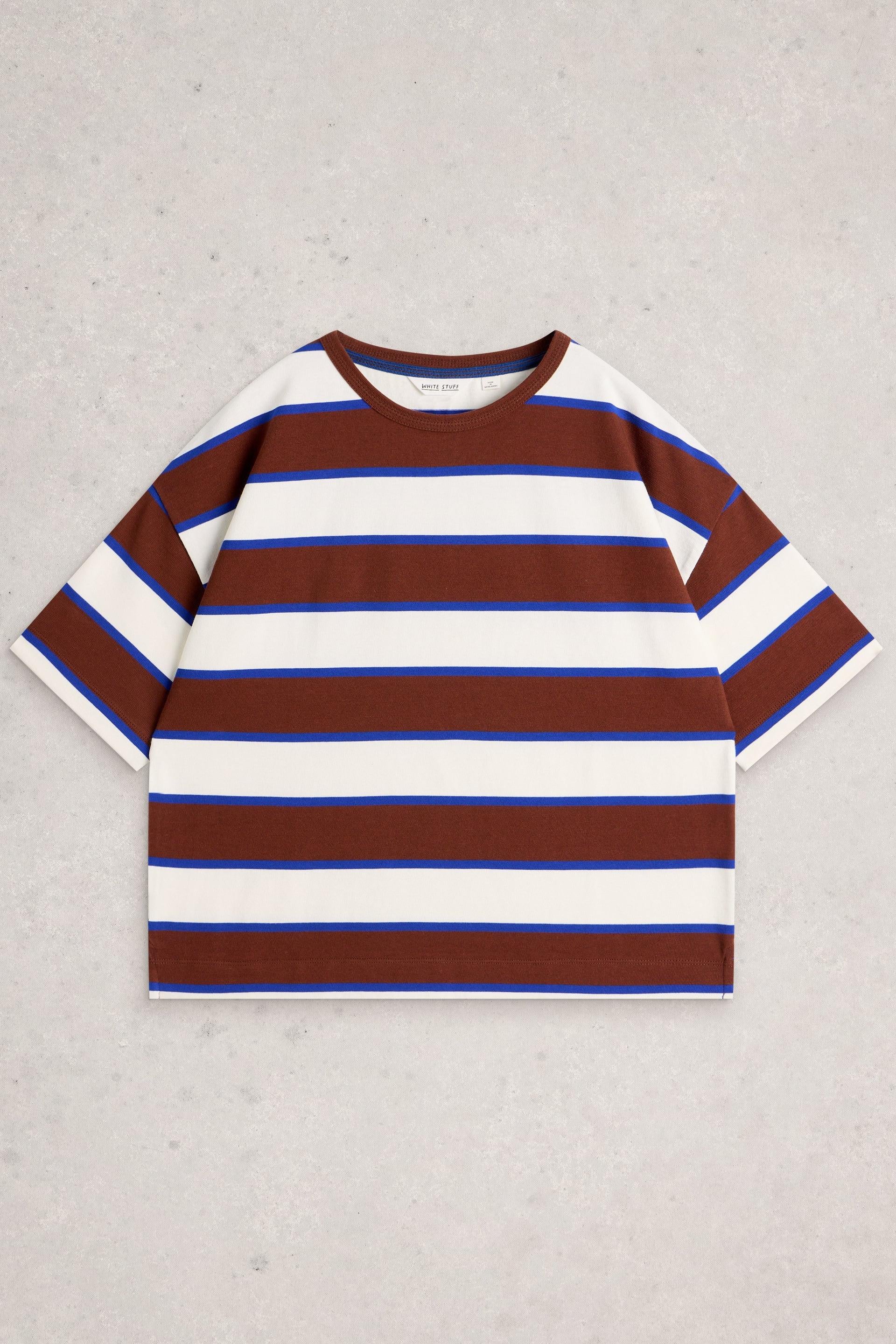 White Stuff organic cotton t-shirt with brown and blue horizontal stripes against a neutral gray background.