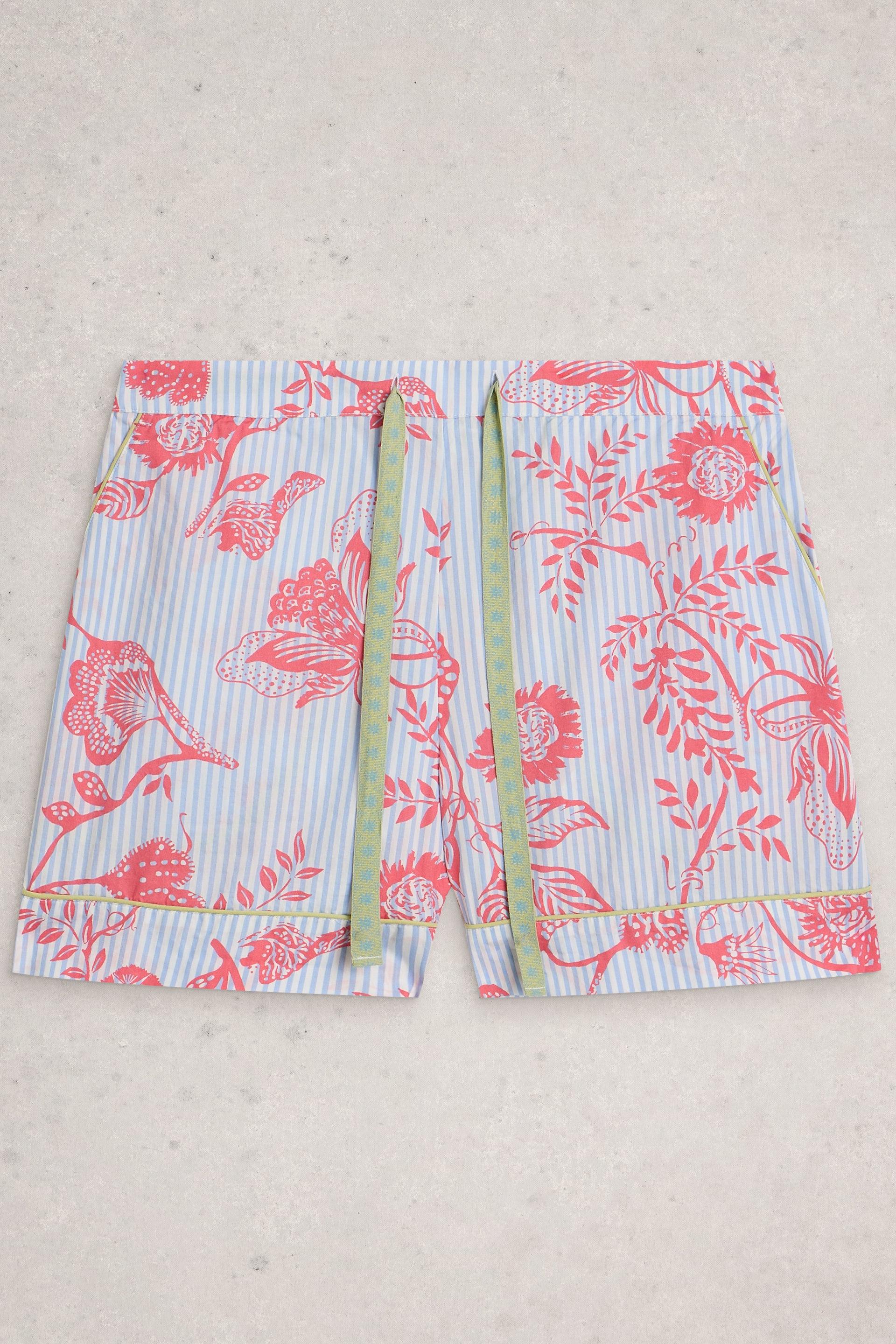 White Stuff floral organic cotton shorts with blue stripes and drawstring waist.