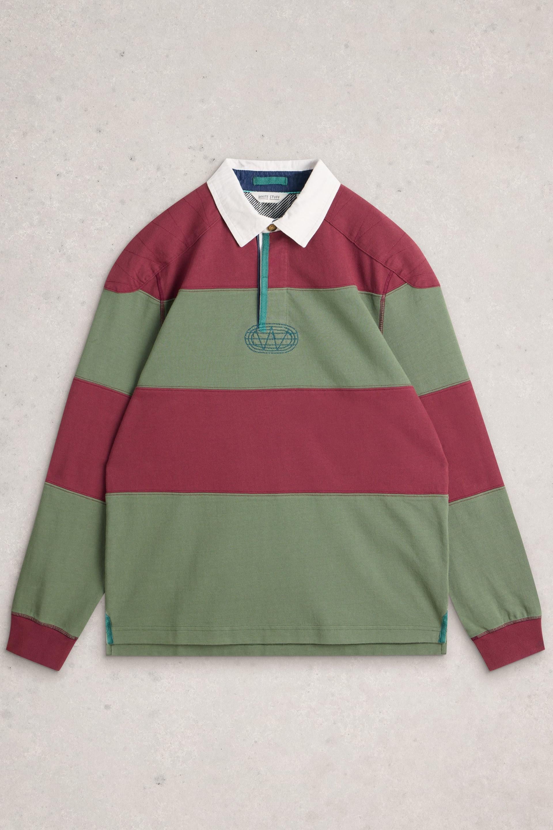 A long-sleeve rugby-style pullover with horizontal color-blocked stripes in sage green and dusty rose, featuring a white collar and a short teal zipper at the chest. 