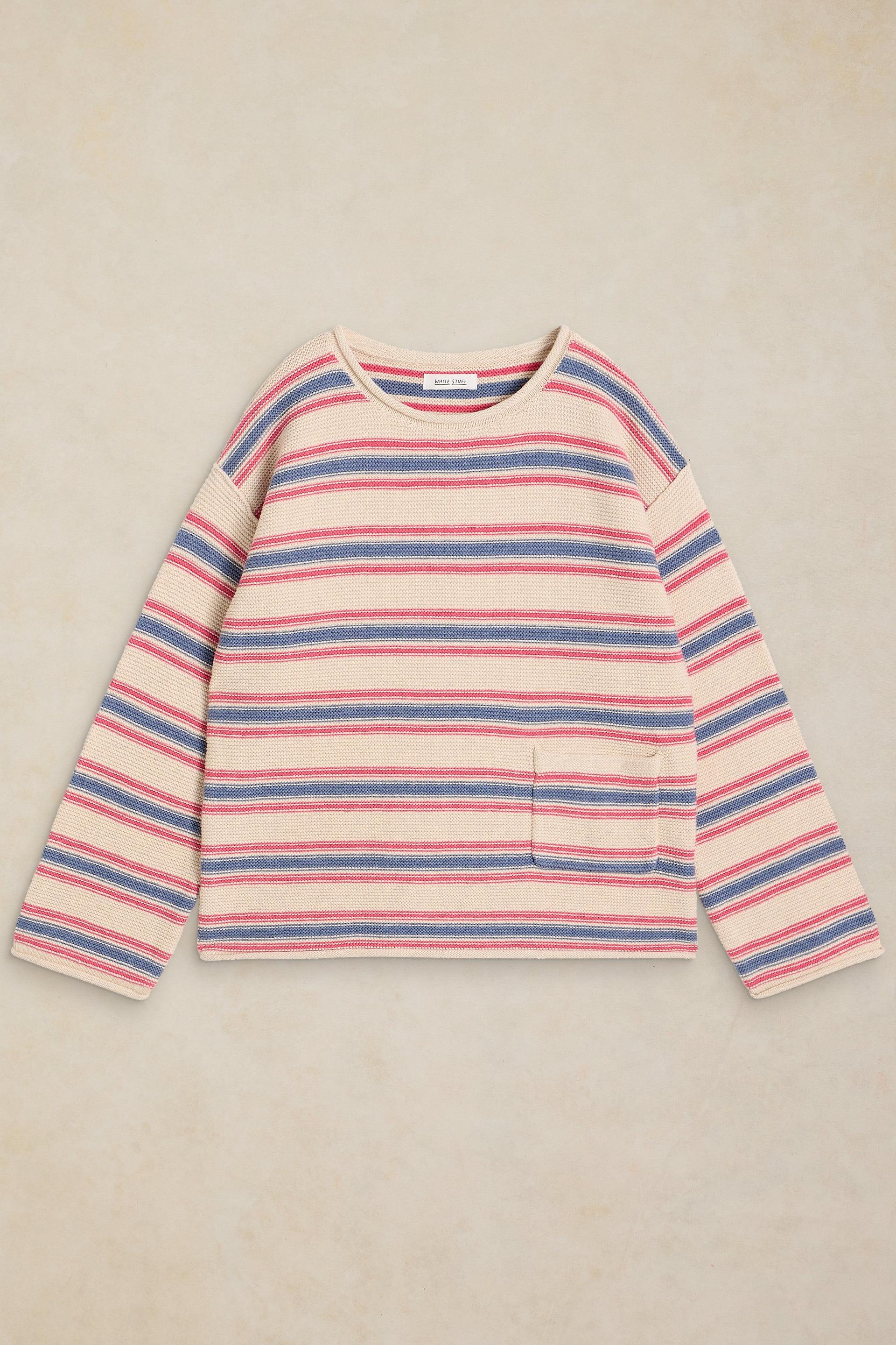 White Stuff long-sleeve sweater in organic cotton with red and blue horizontal stripes on a cream background.