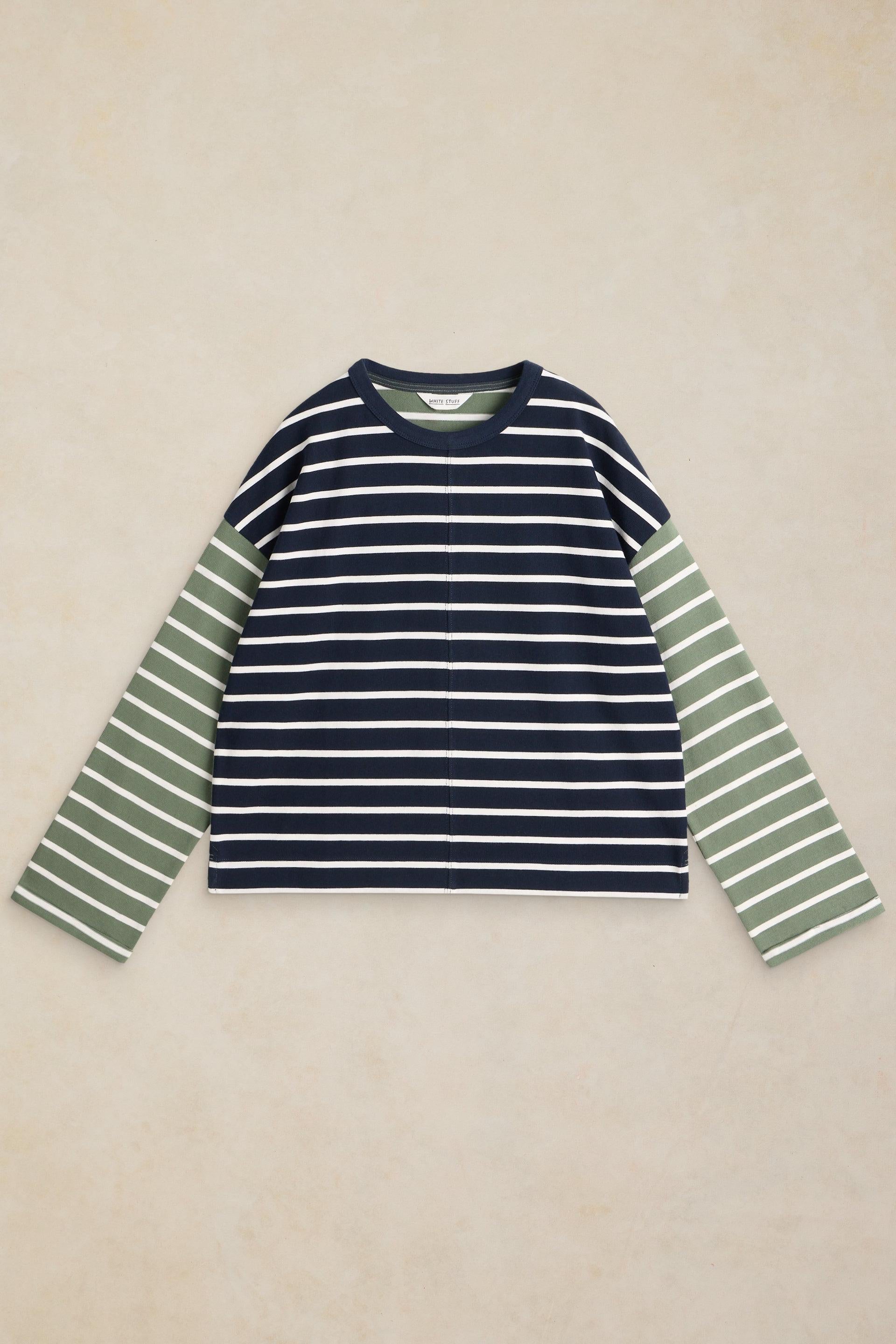 White Stuff long sleeve top featuring navy and white horizontal stripes with contrasting sage green sleeves