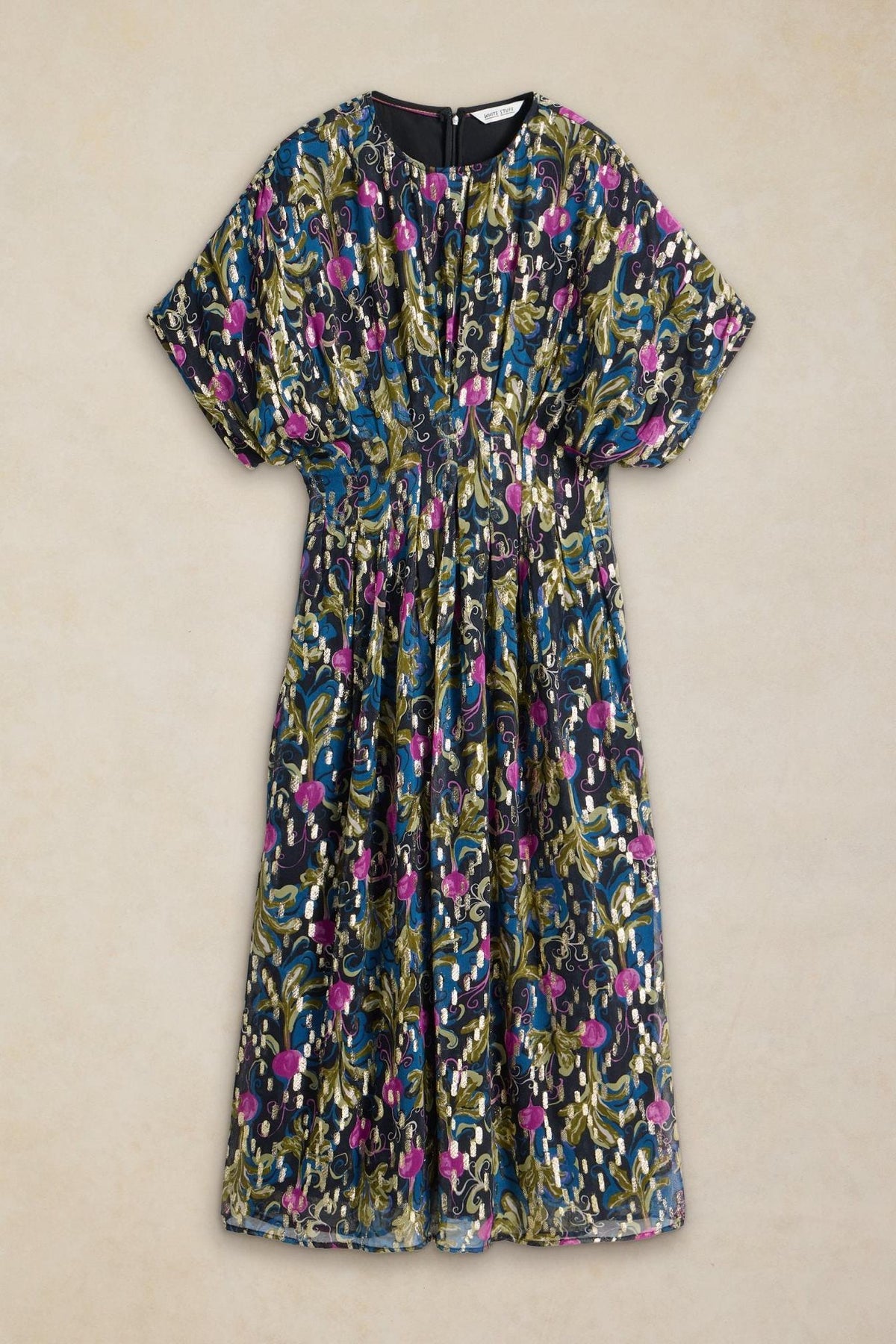 A White Stuff long occasion dress with a floral pattern and metallic details against a neutral background.