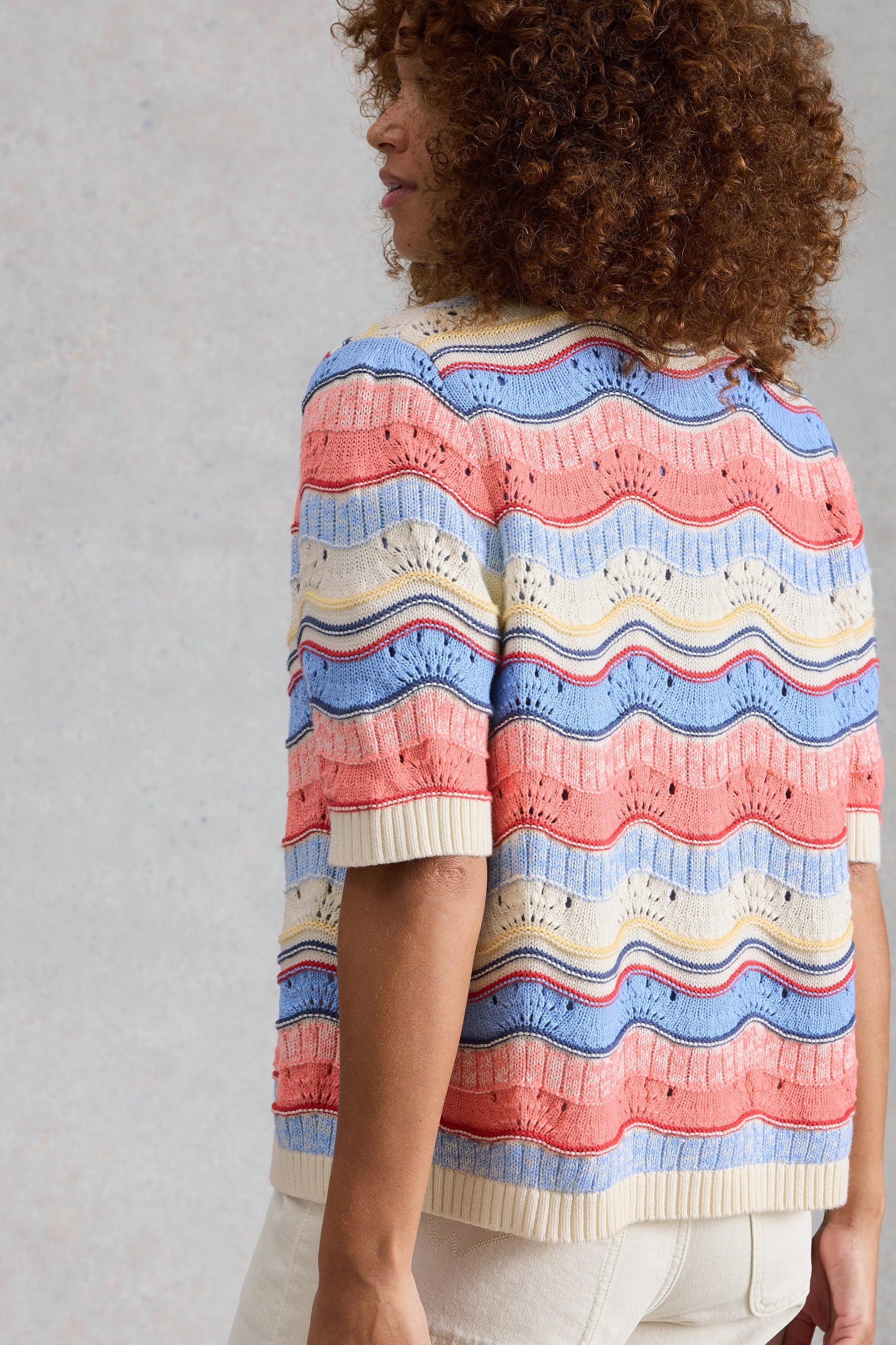 Model wearing a colourful organic cotton sweater against a plain background