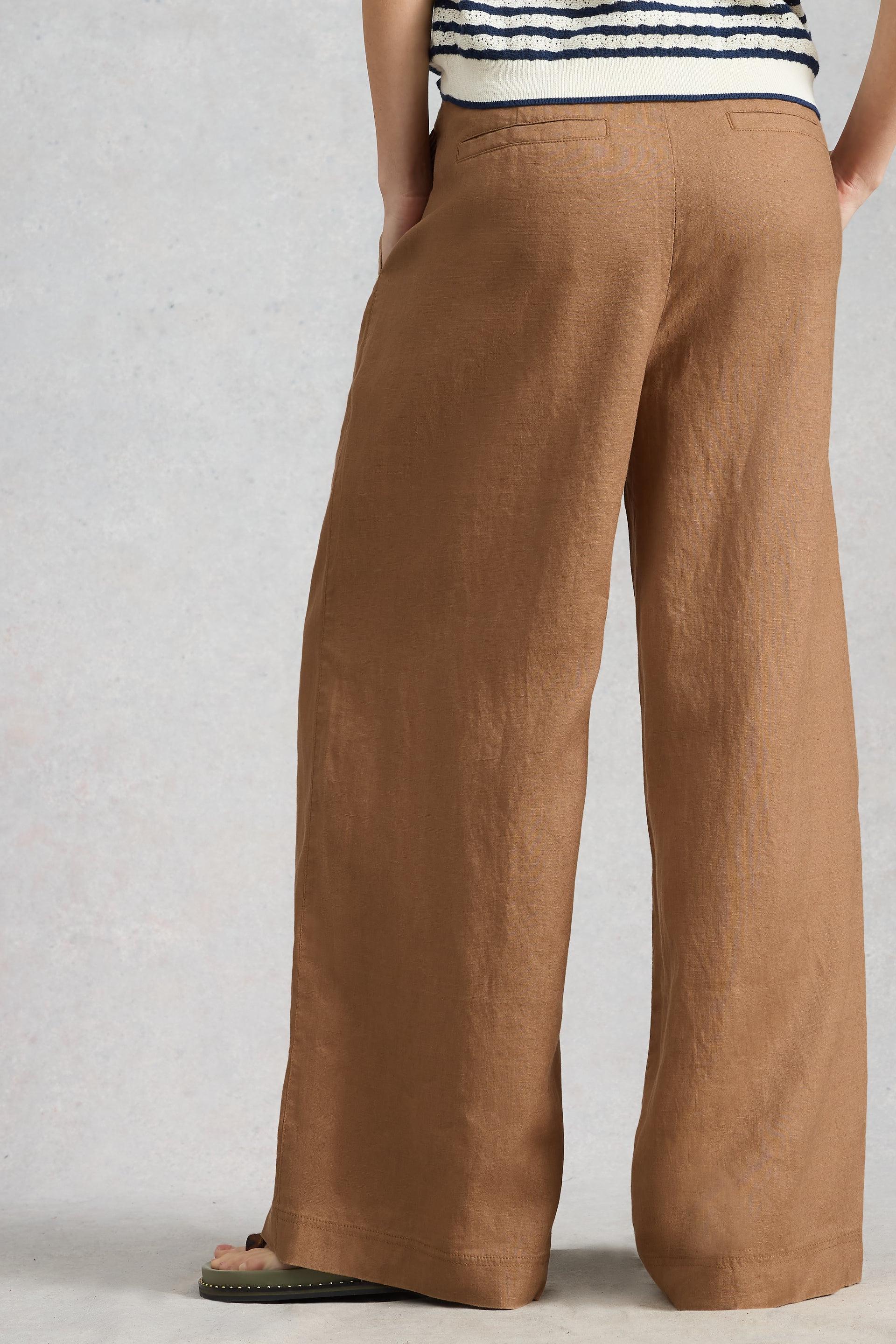 Brown wide-leg pants worn by a person on a plain background