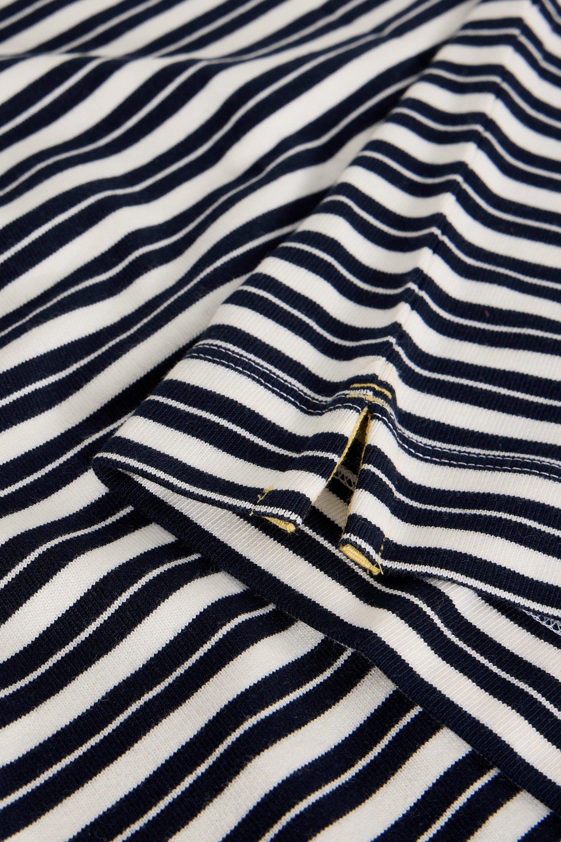 Close-up of a White Stuff women's striped rugby top made from organic cotton, showing the hem and side slit detail.