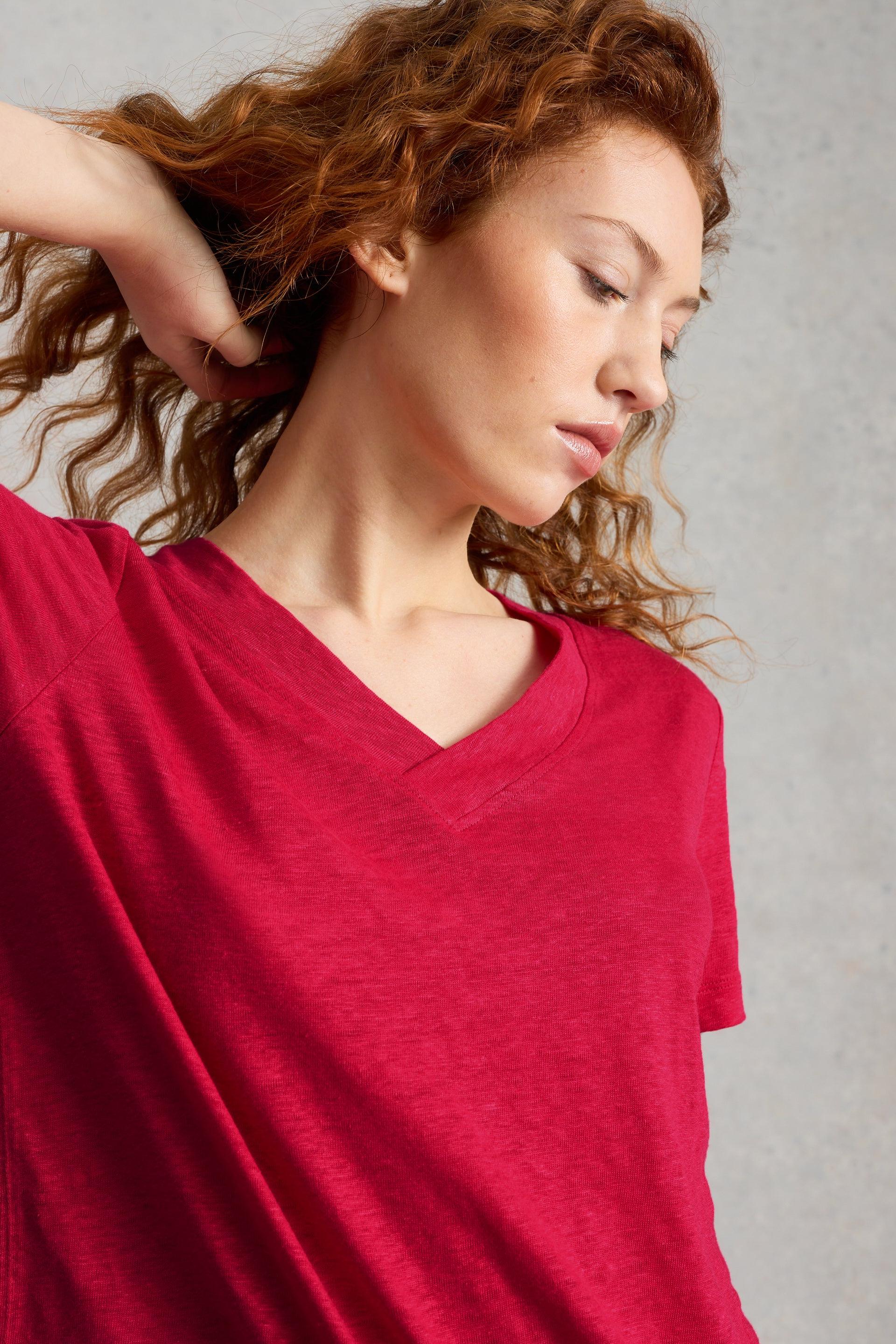 White Stuff Susie V Neck Dark Pink Linen Tee