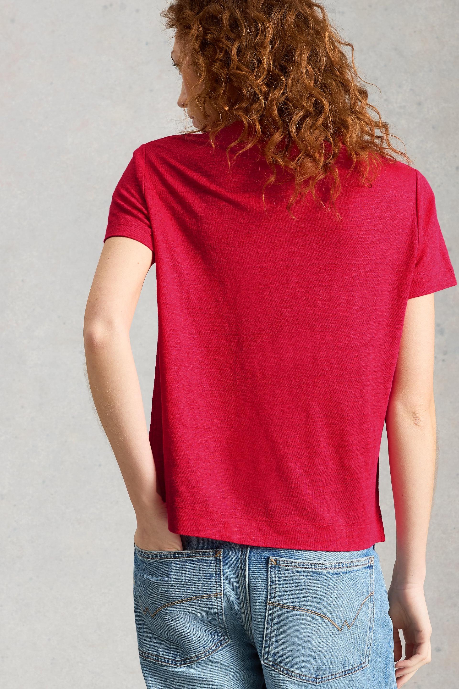 White Stuff Susie V Neck Dark Pink Linen Tee