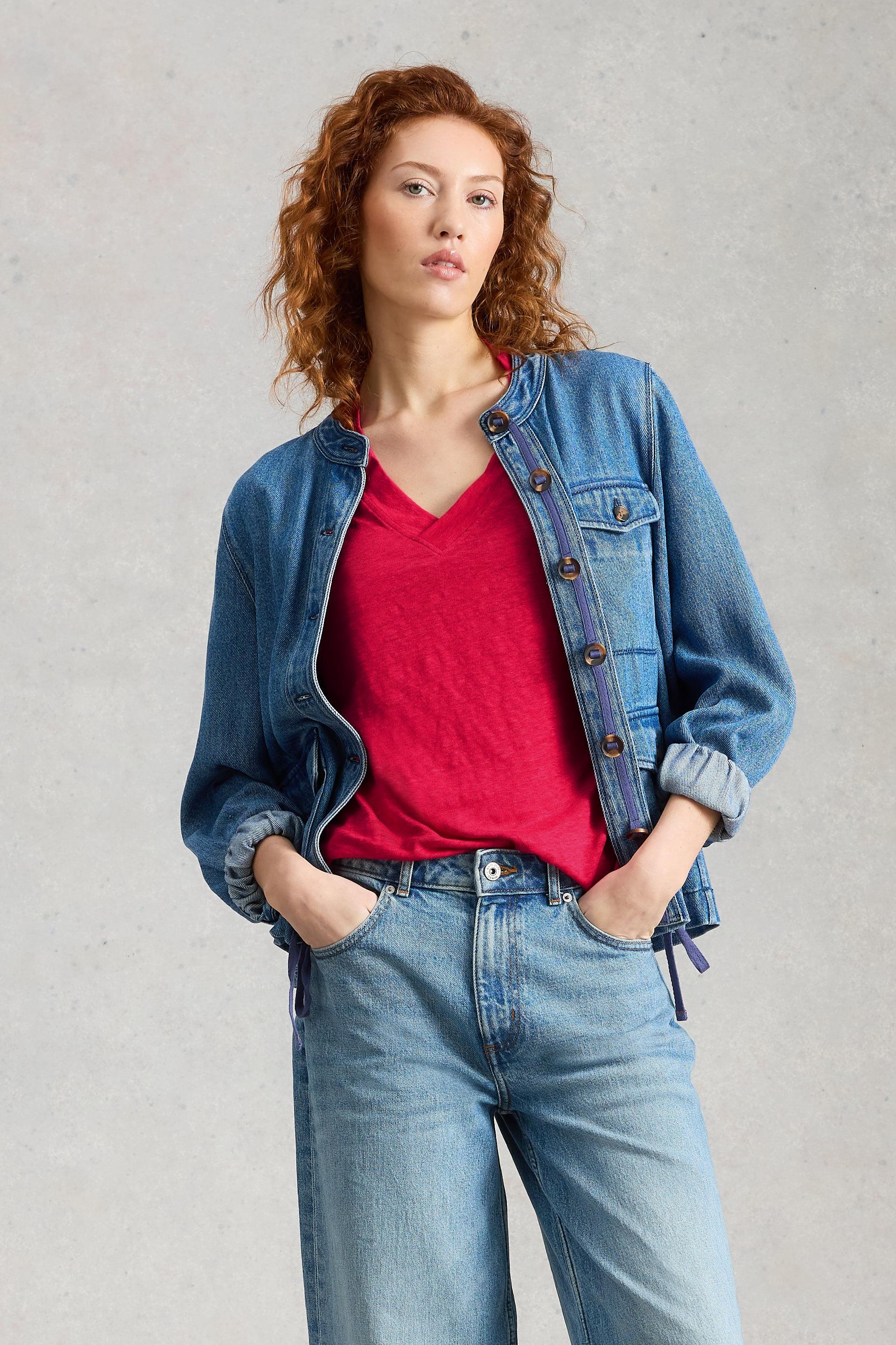 White Stuff Susie V Neck Dark Pink Linen Tee