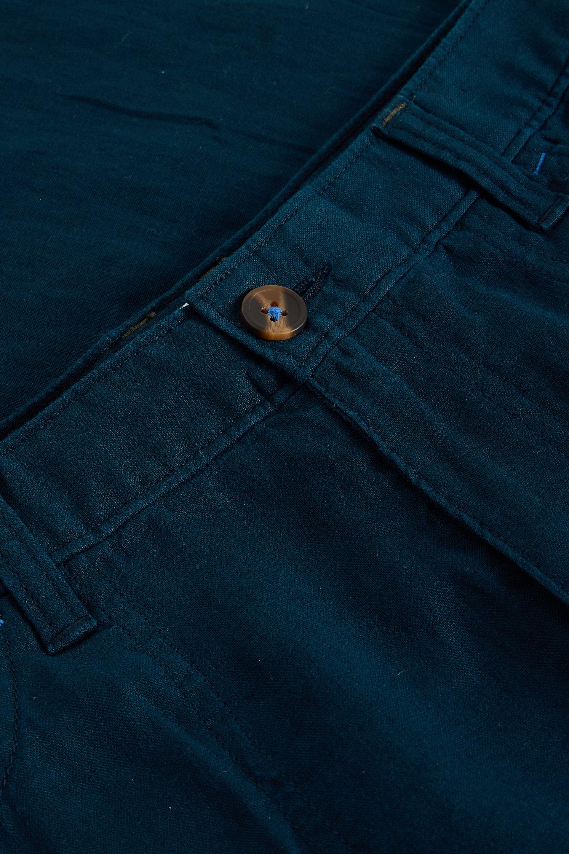 Close-up of a dark blue linen fabric with a button
