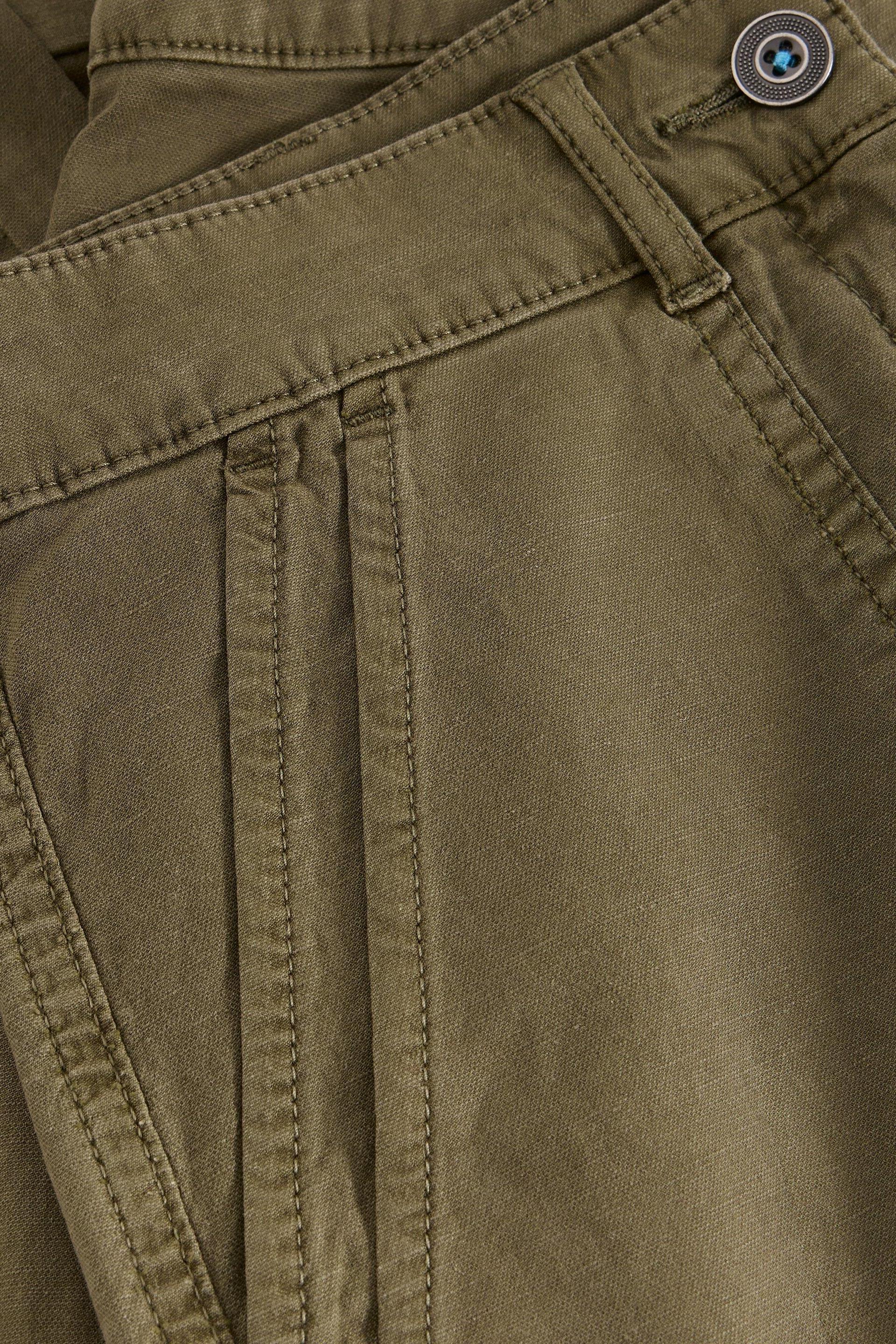 Close-up of olive khaki women's trousers with visible stitching and a button detail.