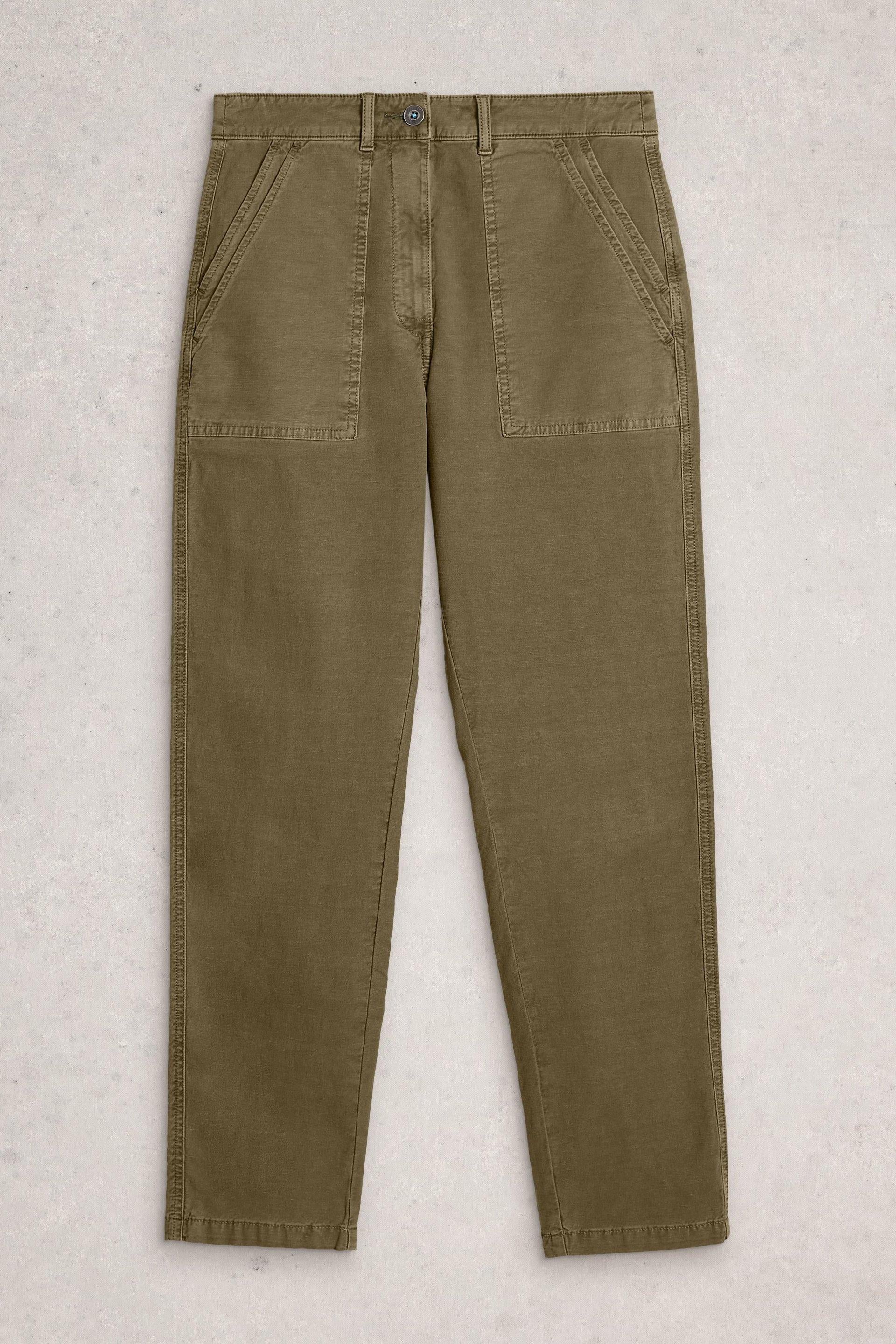 A pair of White Stuff khaki organic cotton women's twister chinos laid flat on a light grey background.