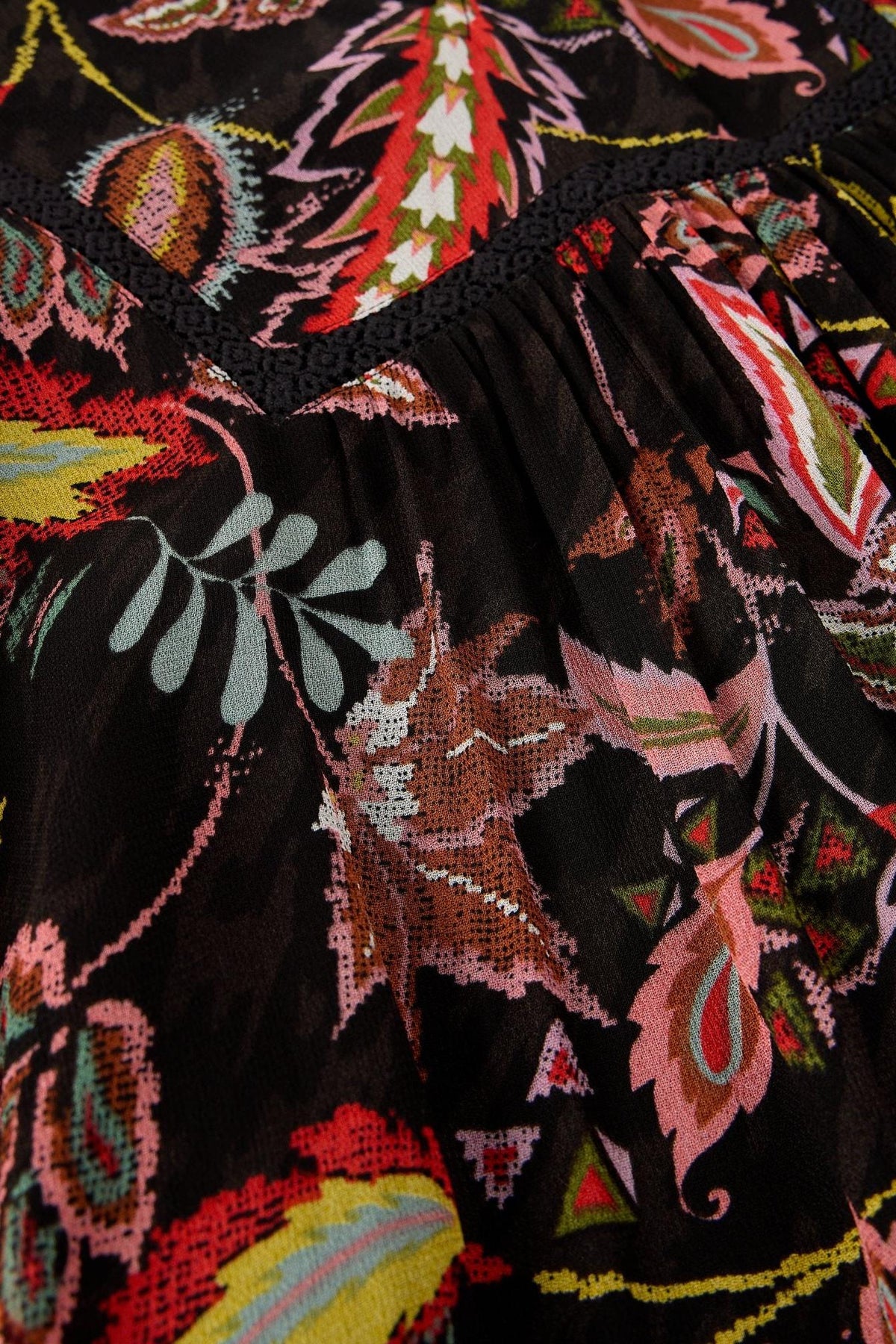 Close-up of a White Stuff viscose long dress with a dark background and colorful bohemian floral print.